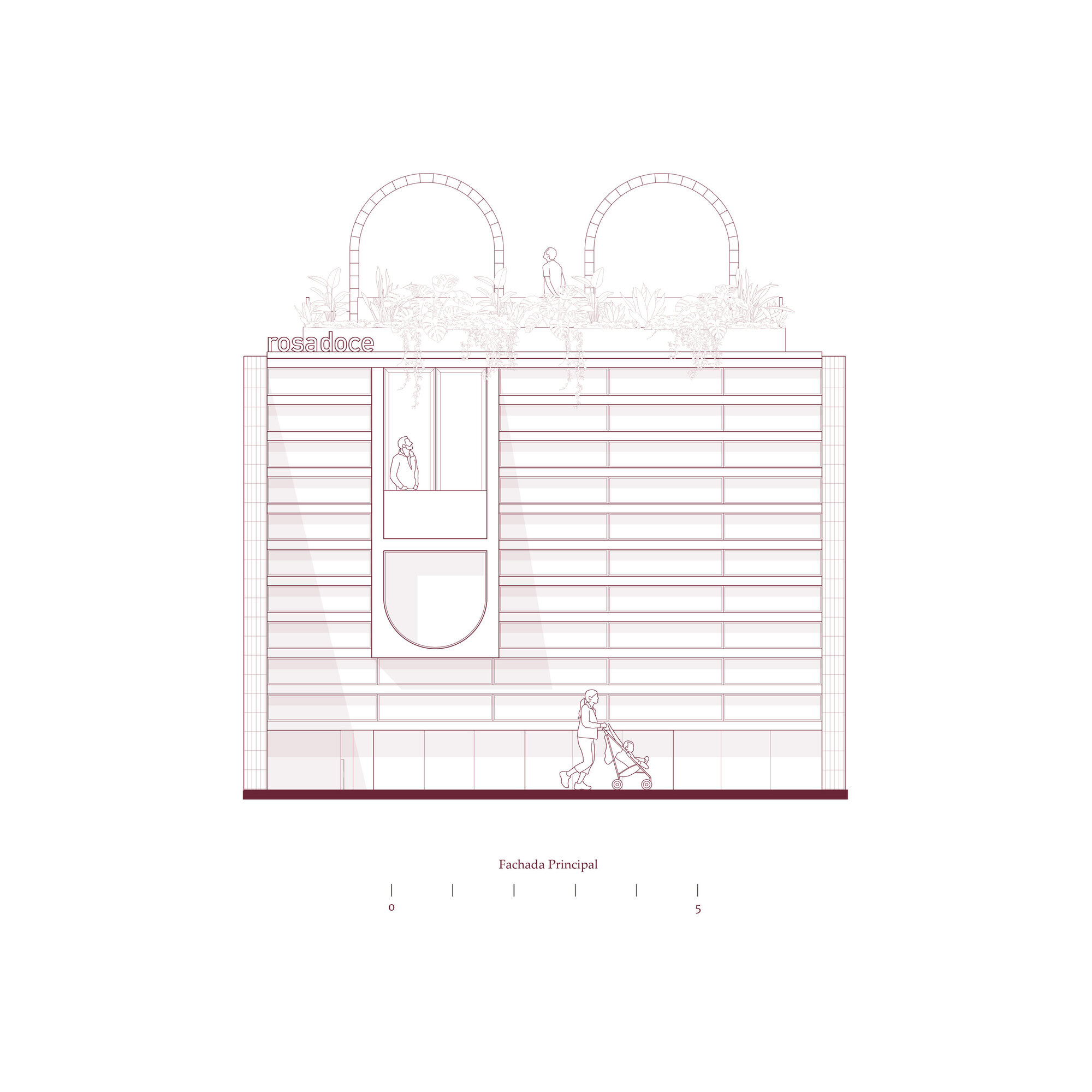 Elevation drawing showing a facade with horizontal banding, two arched vaults, and rooftop plantings