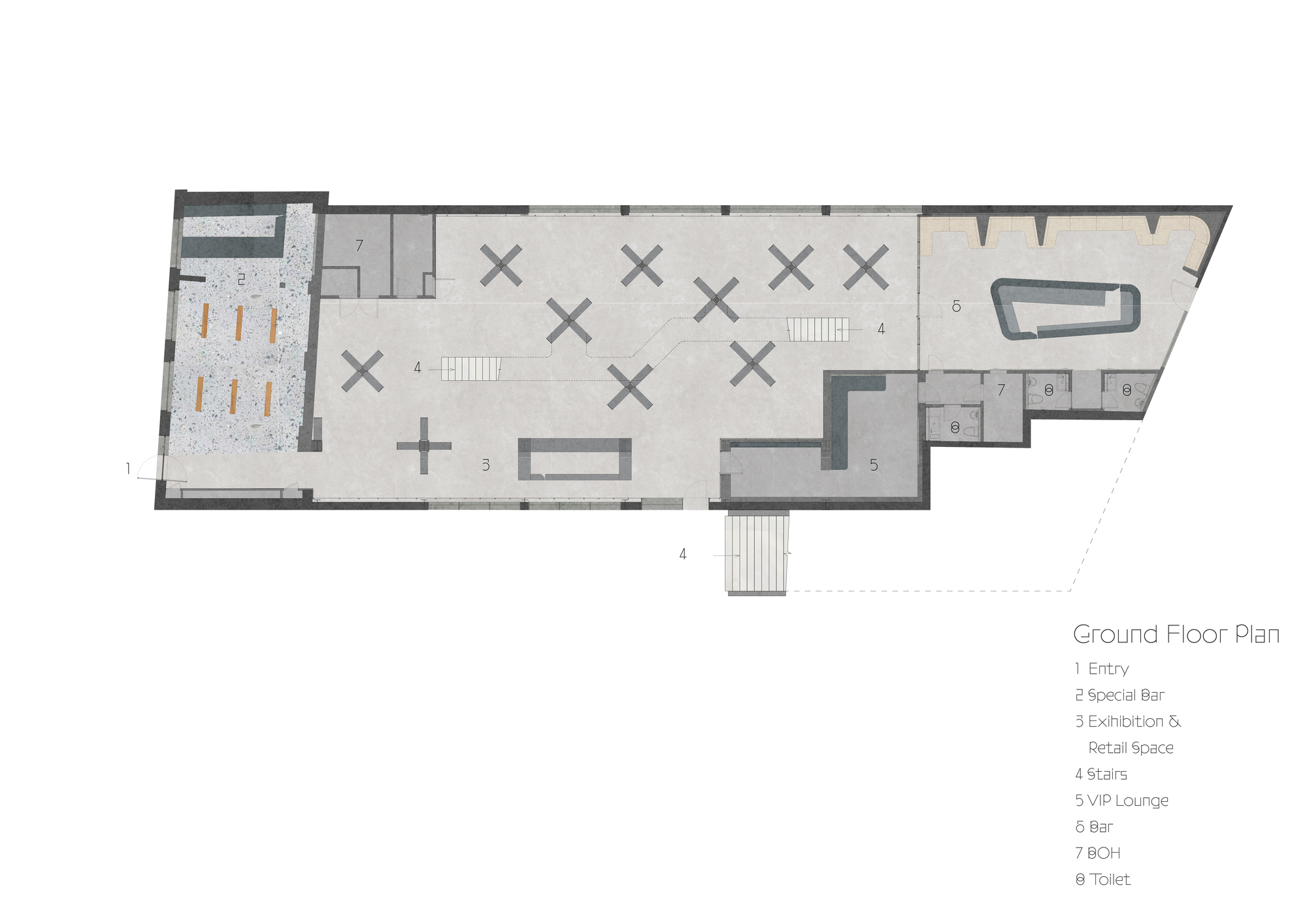 Ground floor plan showing exhibition space with stairs and service areas in an angular footprint