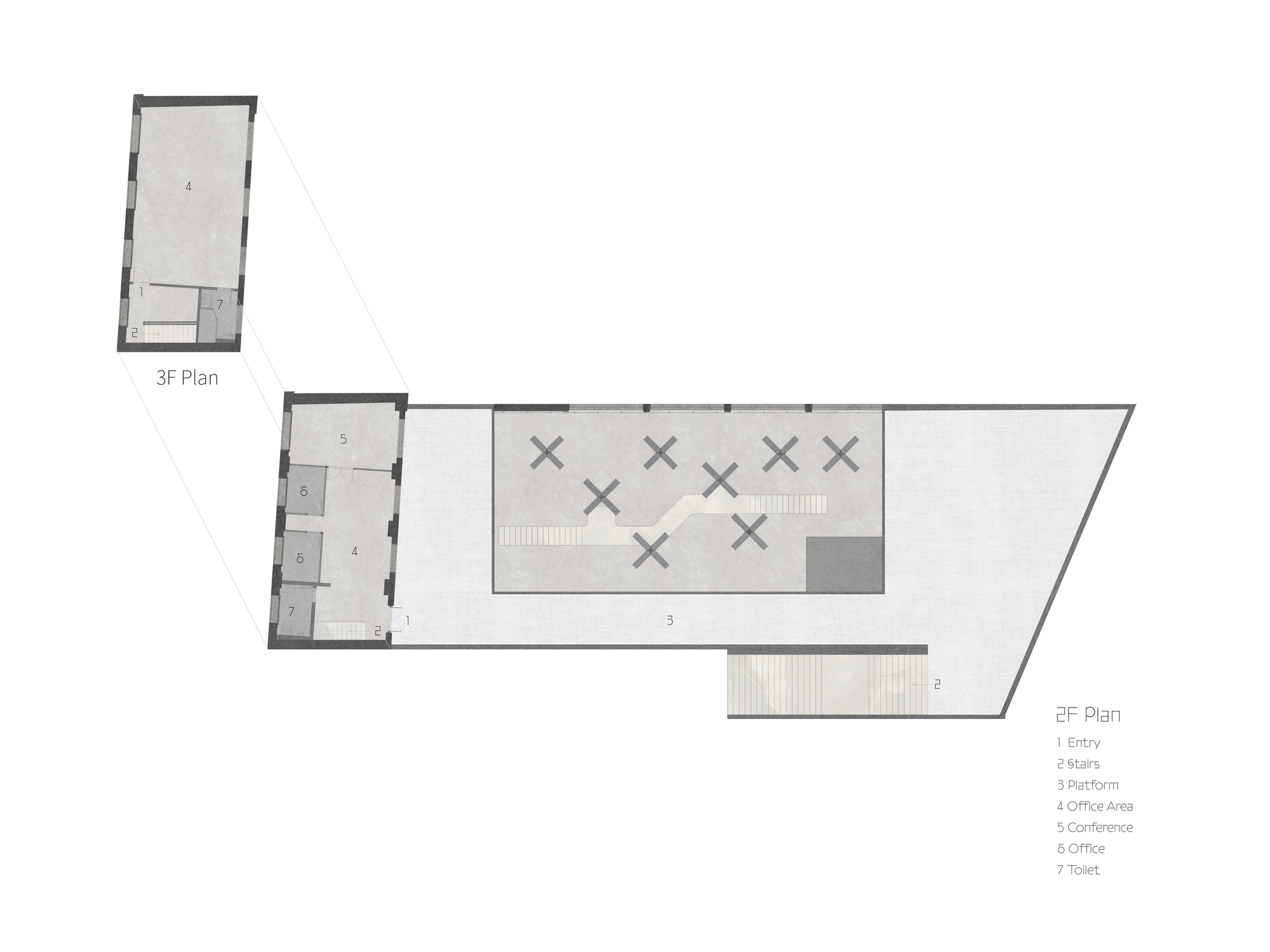 Second and third floor plans depicting office areas and an upper mezzanine volume