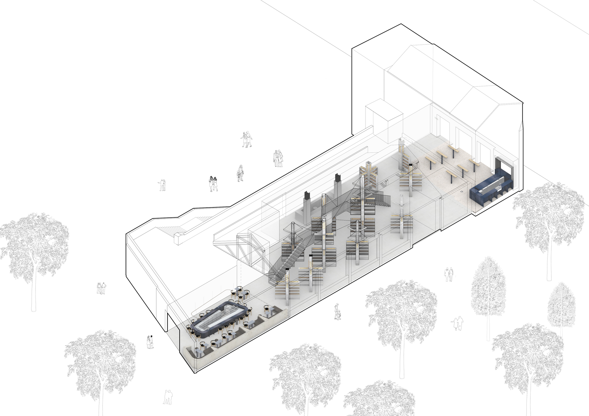 Axonometric cutaway drawing showing rows of shelving and seating areas with surrounding trees