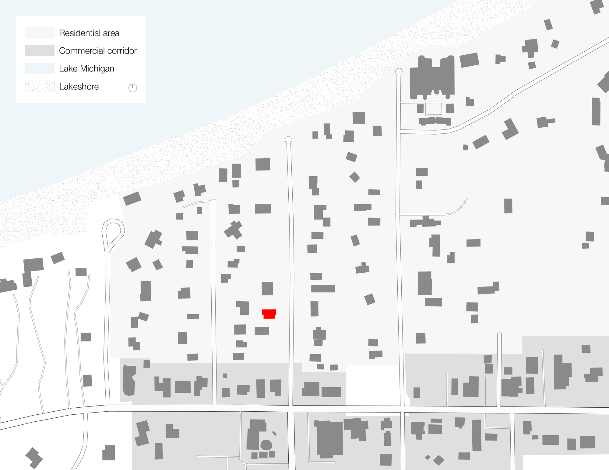 Site plan showing the residence highlighted in red among residential blocks near the lakeshore