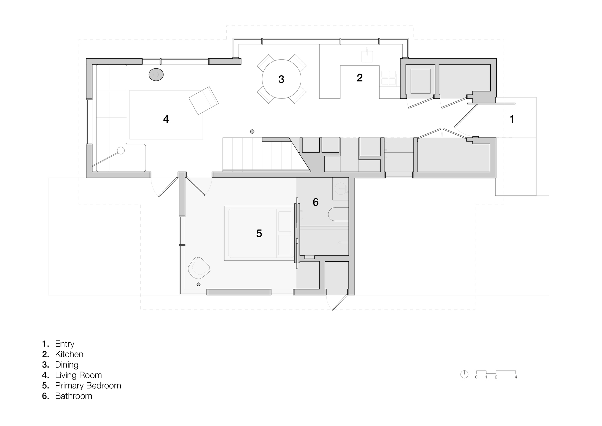 Ground floor plan drawing showing entry, kitchen, dining, living room, primary bedroom and bathroom