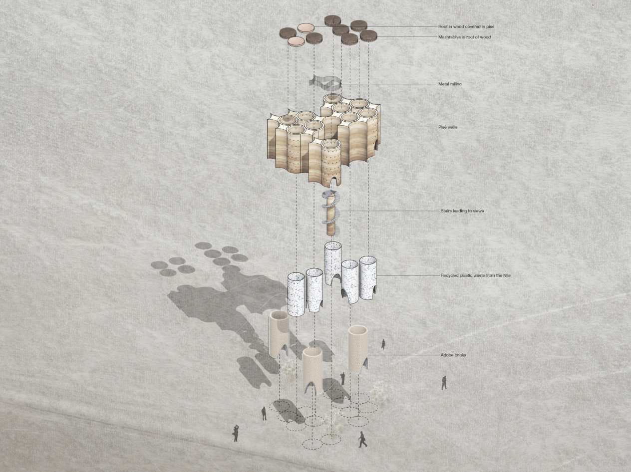 Exploded axonometric illustrating the layered system of rammed earth, recycled plastic cores, and modular cylindrical construction