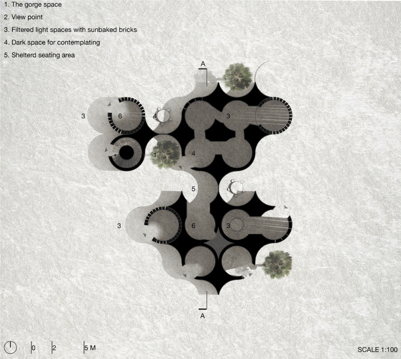 Plan diagram mapping spatial sequence from contemplative cores to communal gathering zones within the modular system