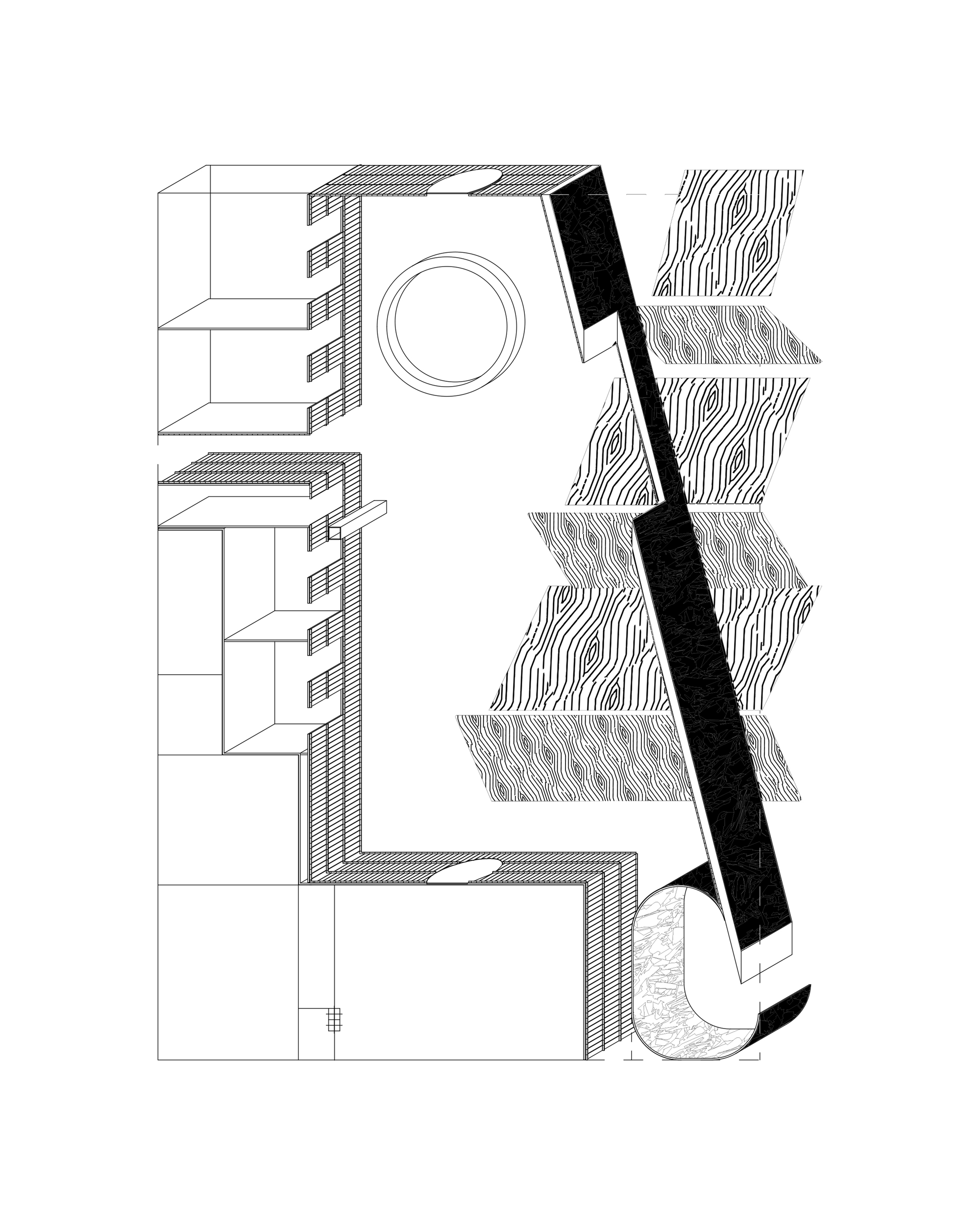Floor plan drawing showing interior rooms with a circular skylight and angular volumes against contoured terrain