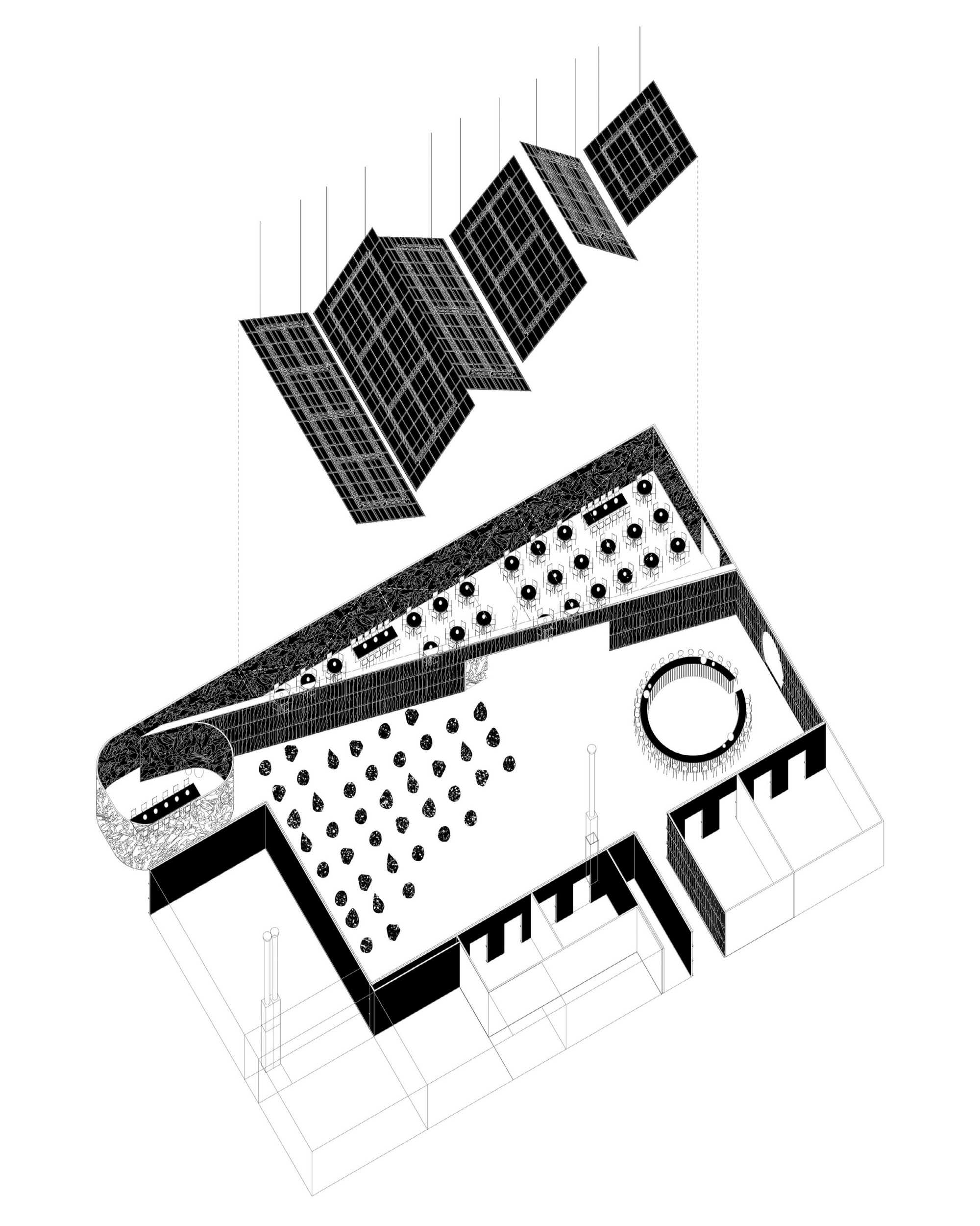 Axonometric drawing showing tilted solar panel array above a rooftop with circular skylight and planted grid