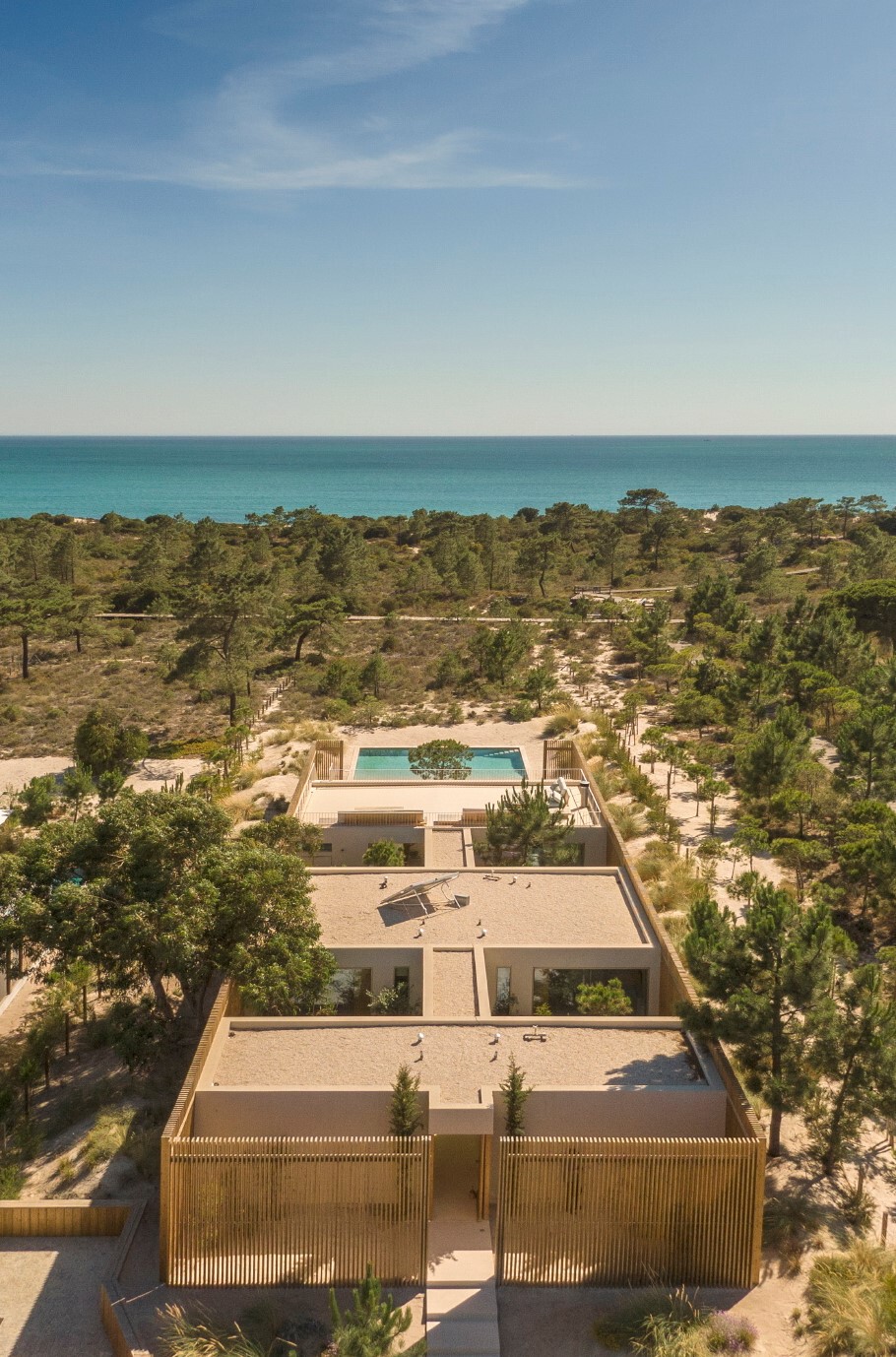 Aerial view of the residence with pool and flat roofs set among coastal pines