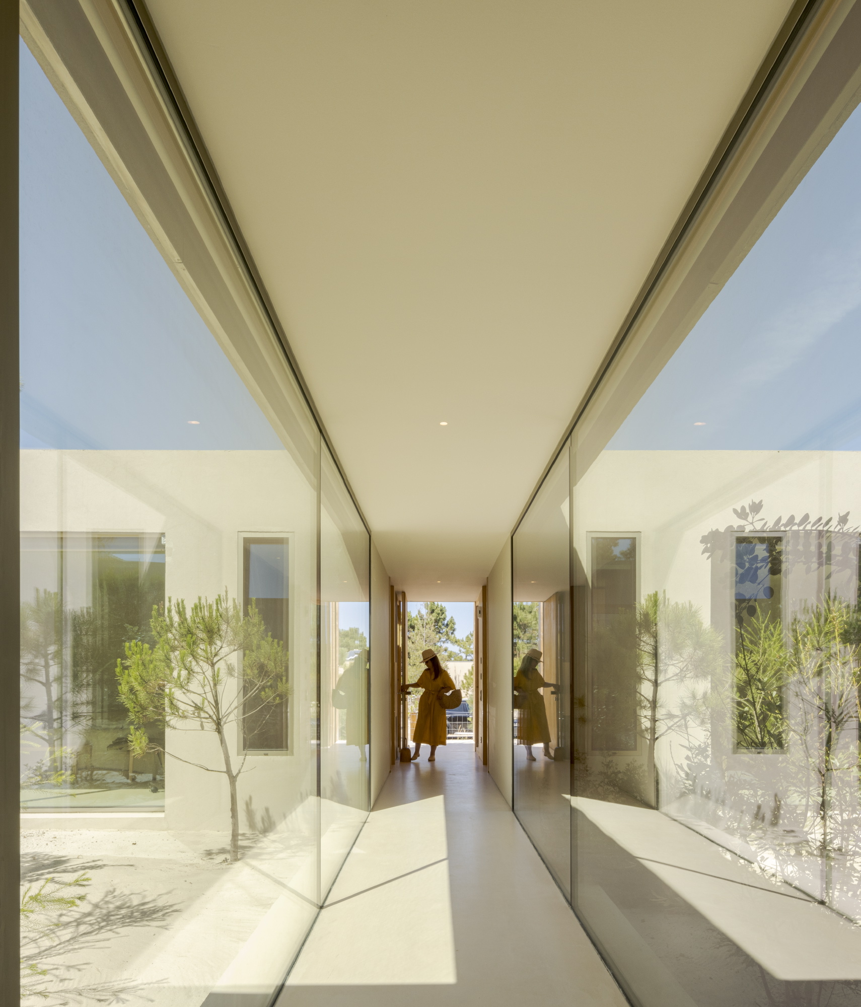 Glass-walled corridor with reflections of courtyard plantings and a figure walking in afternoon light