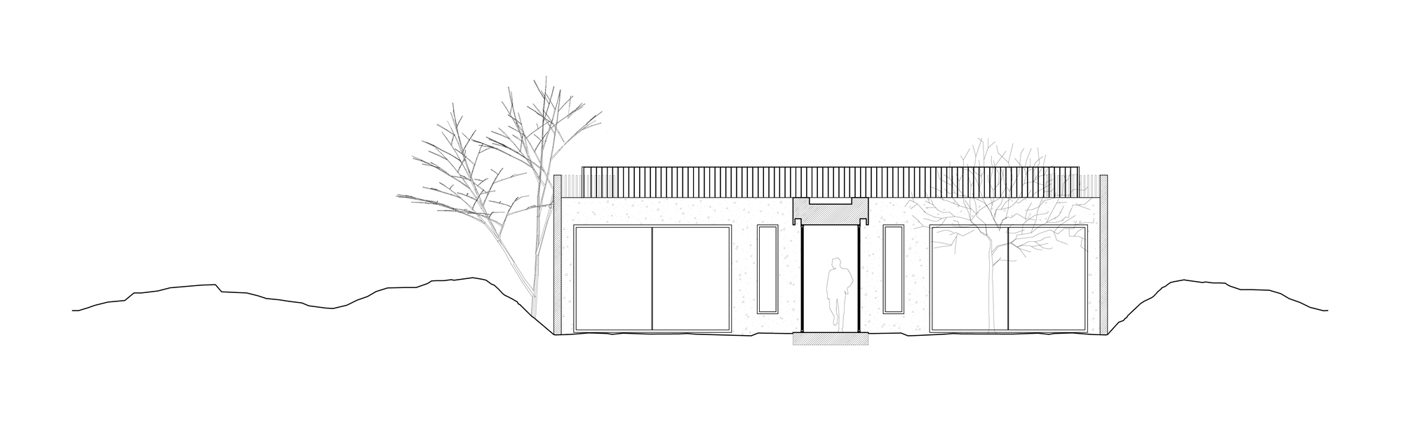 Elevation drawing depicting a low horizontal structure with vertical roof slats and flanking bare trees