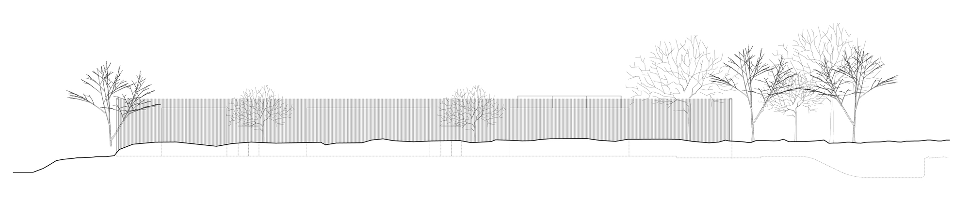 Elevation drawing of a long horizontal retaining wall with planted trees along undulating ground