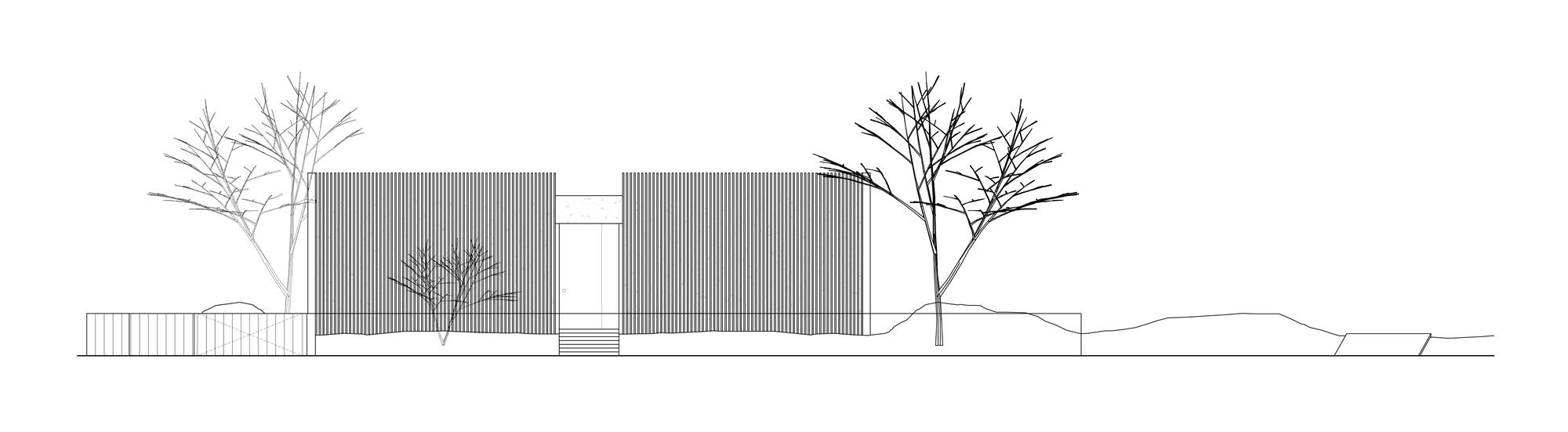 Elevation drawing featuring two corrugated metal volumes separated by a glazed connector and bare trees