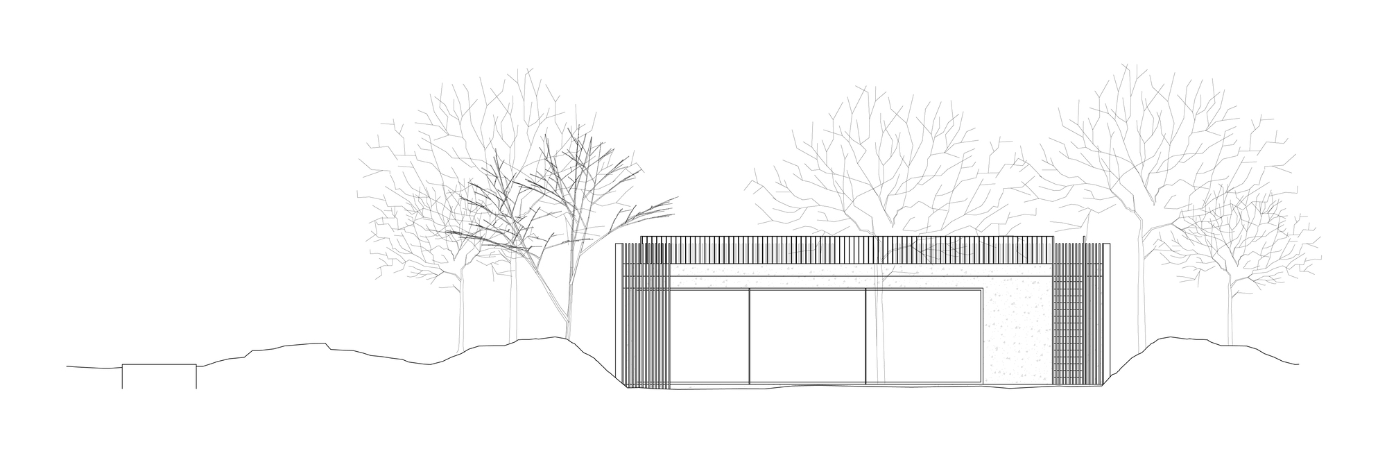 Elevation drawing of a rectangular pavilion with vertical timber cladding framed by deciduous trees