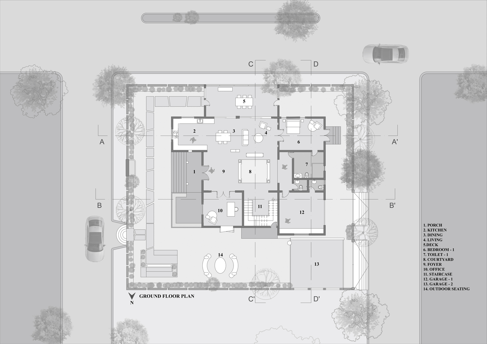 Ground floor plan drawing indicating interior rooms and a curved pool element in the courtyard