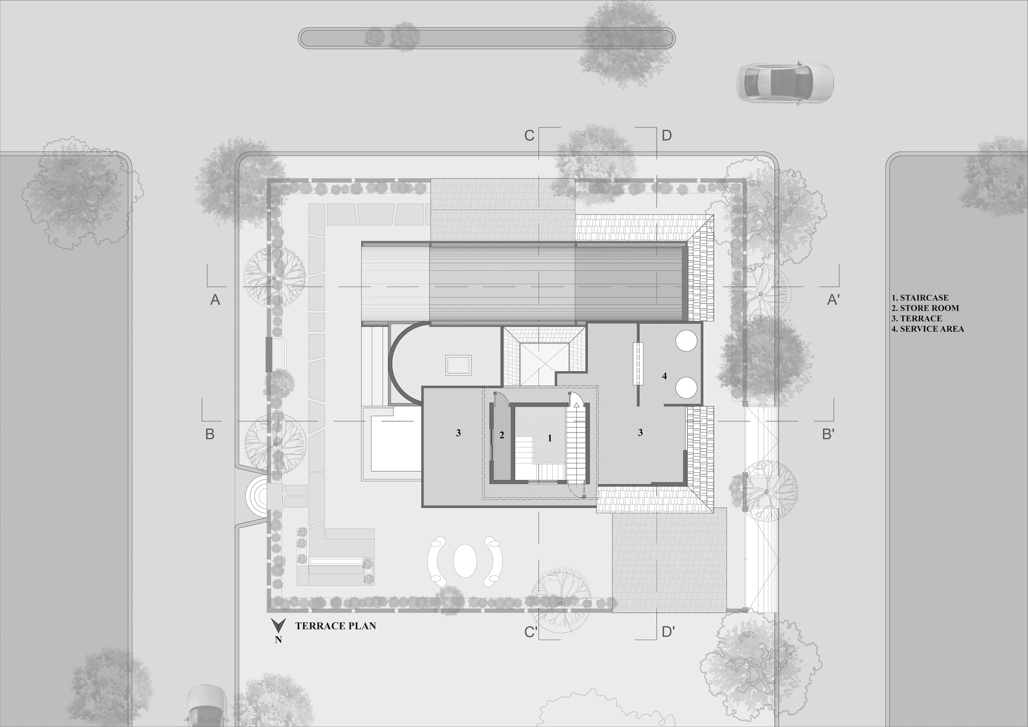 Terrace plan drawing revealing rooftop areas with a circular water feature and storage zones