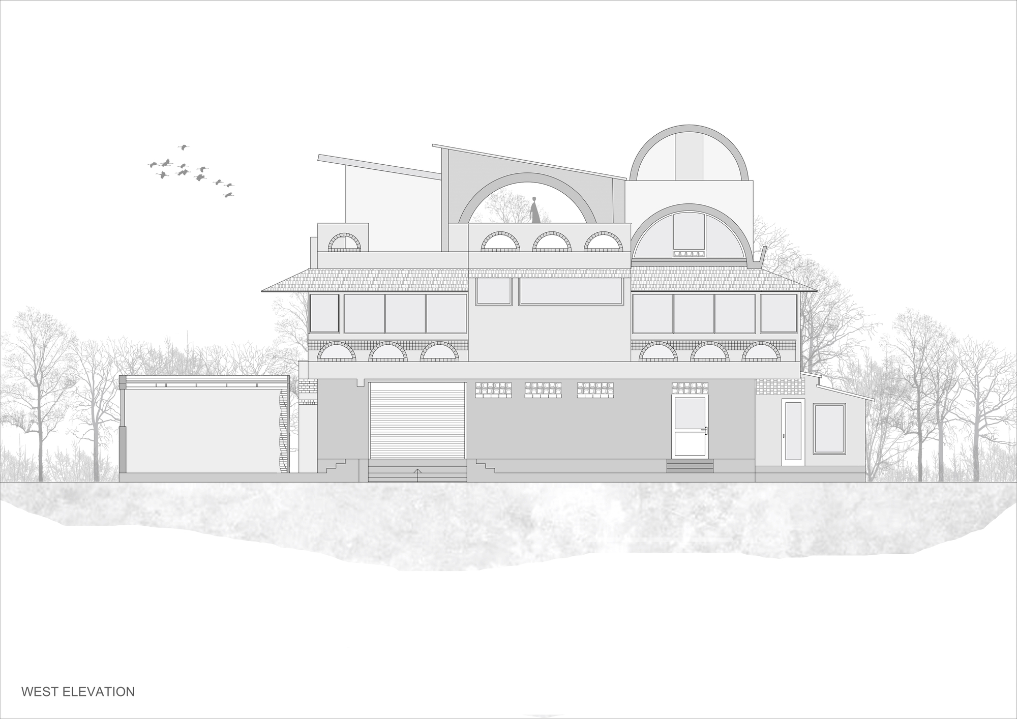 West elevation drawing featuring arched openings and layered horizontal volumes framed by trees