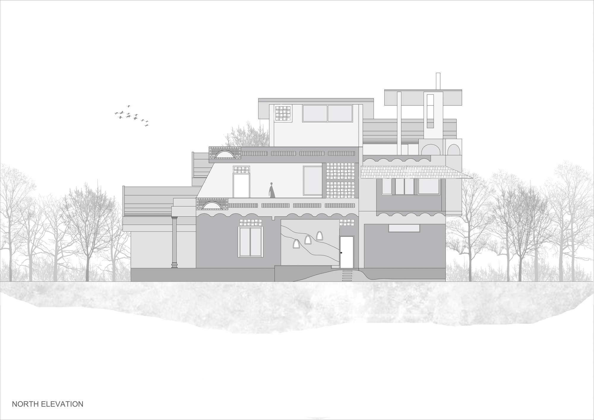 North elevation drawing displaying stacked volumes with varied window patterns and perforated screens