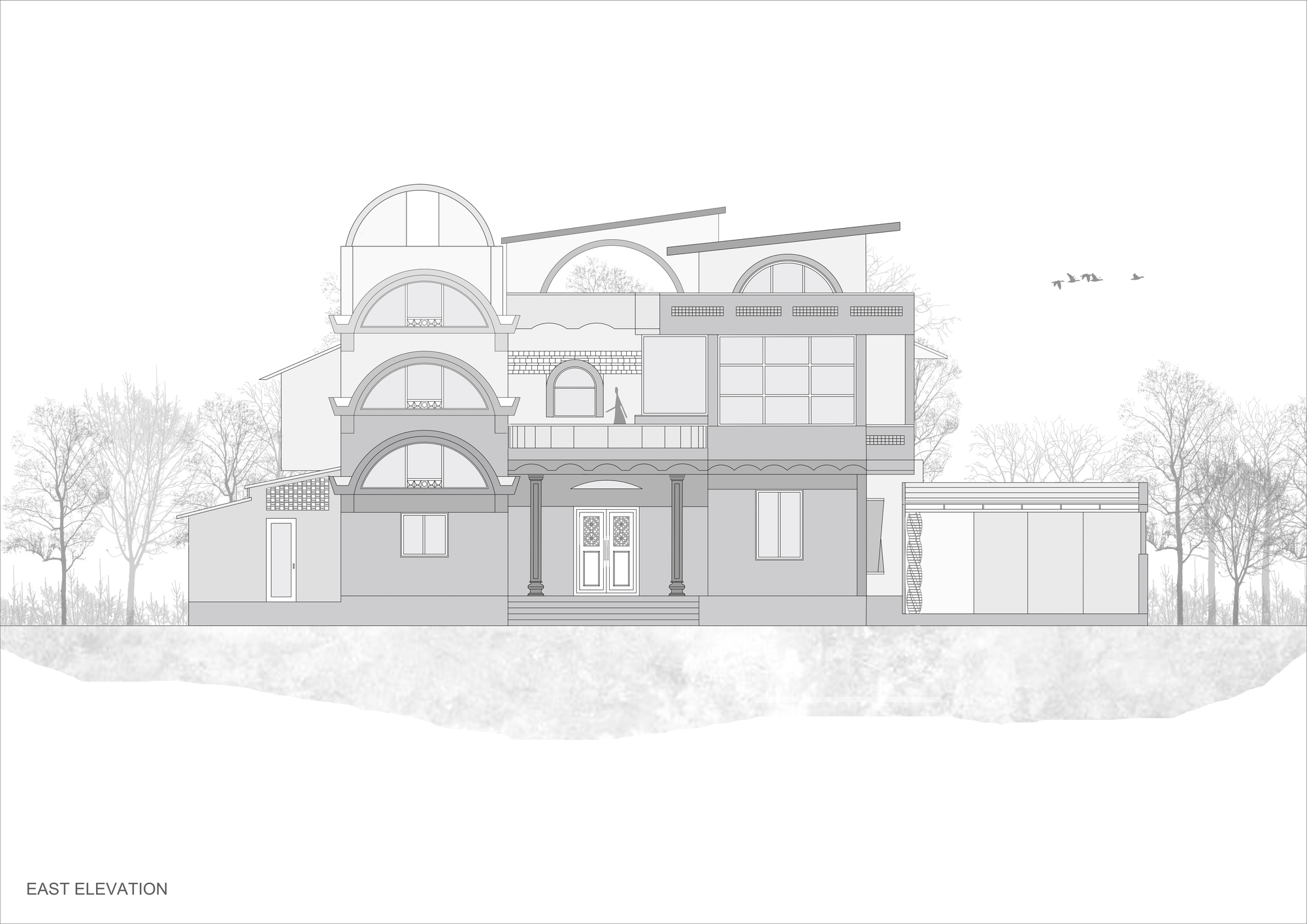 East elevation drawing showing arched openings and stepped roof terraces with silhouetted trees
