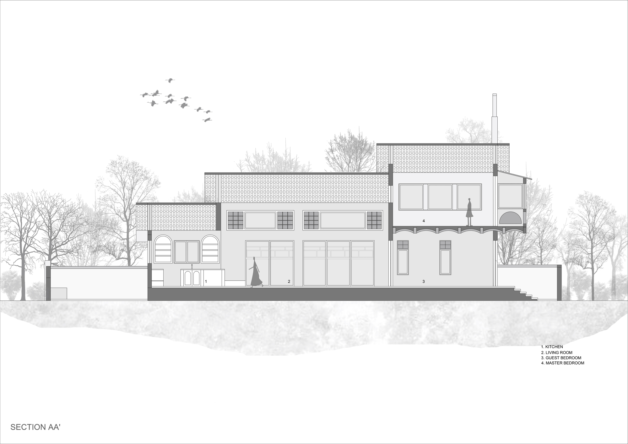 Section drawing revealing interior spaces with double-height volumes and a flock of birds