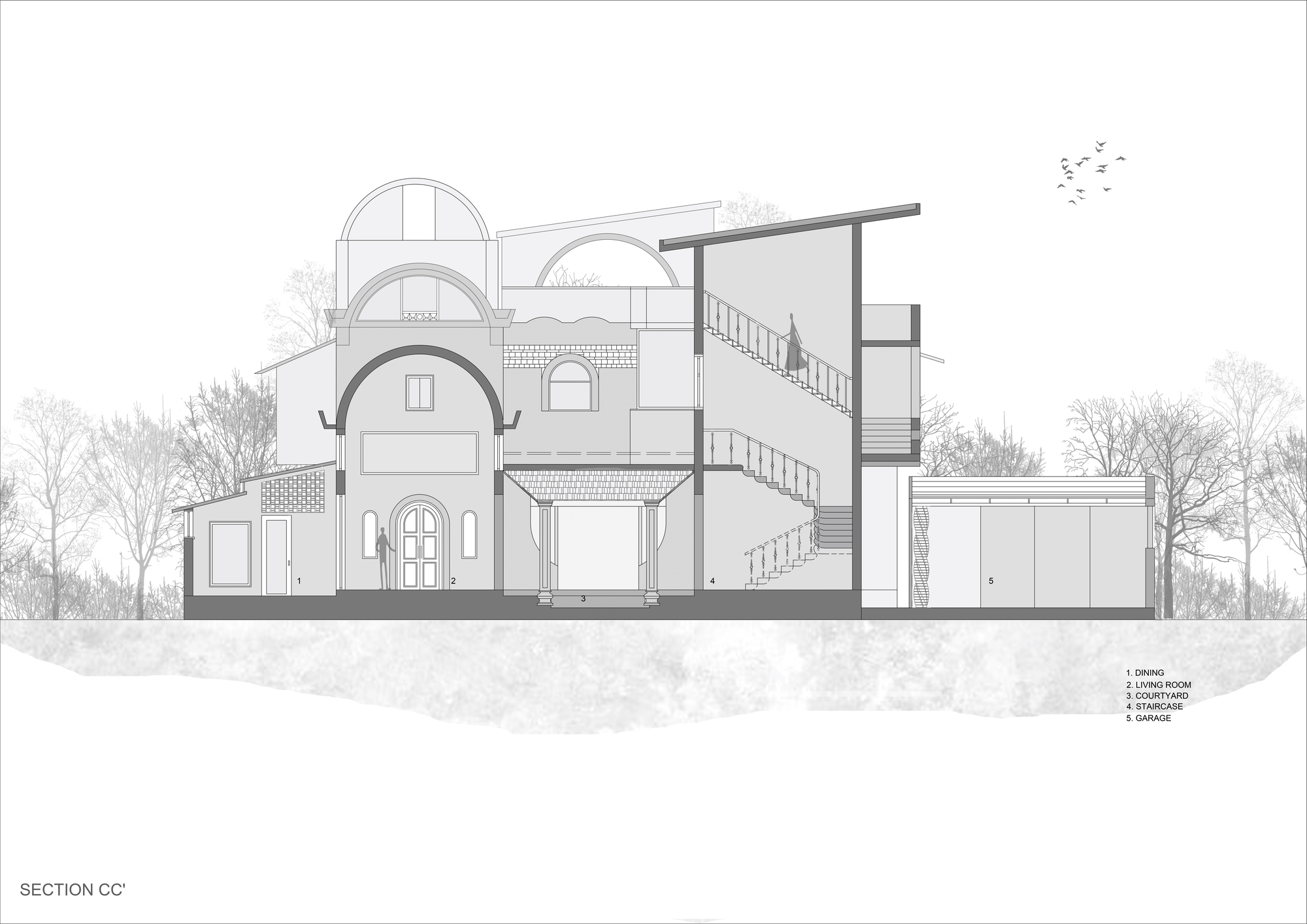 Section drawing displaying arched volumes and internal staircases with birds in flight