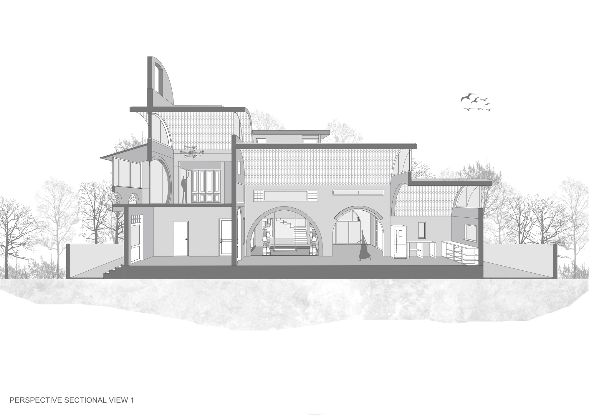 Perspective section drawing showing arched volumes, interior stairs, and rooftop terraces with trees and birds in the background