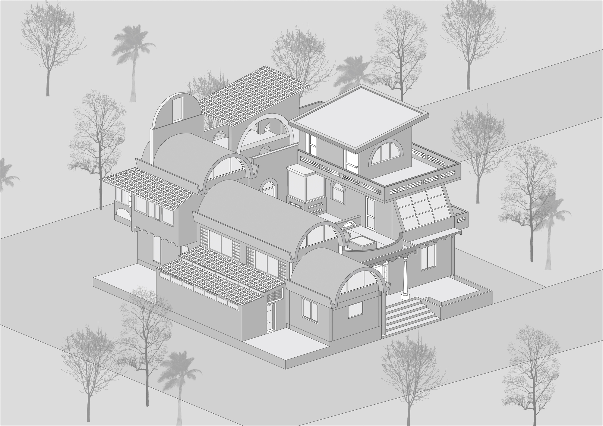 Axonometric drawing showing the arched roofs, terraces, and glazed openings from the opposite angle with trees scattered around