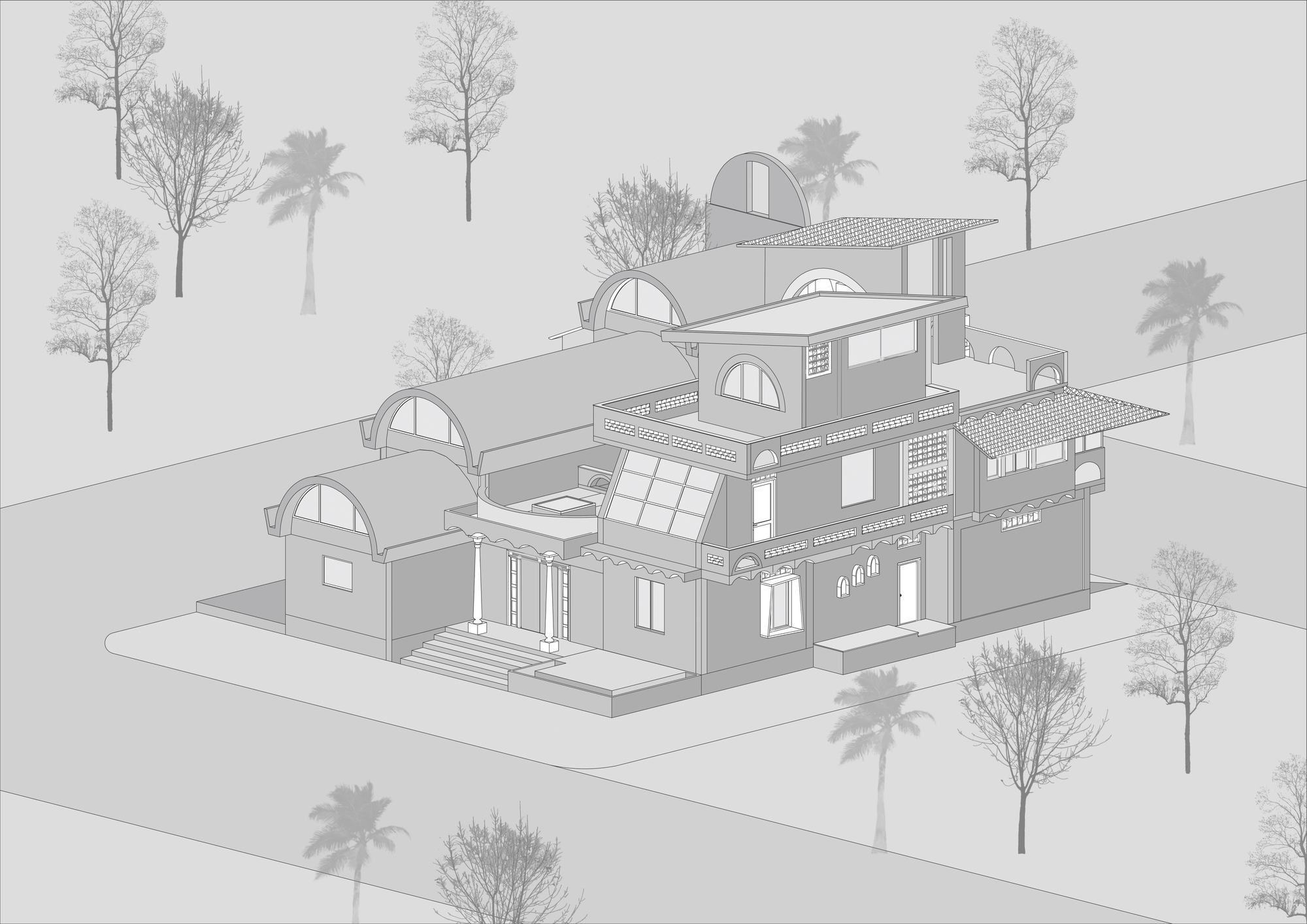 Axonometric drawing displaying the entry facade with stairs, arched forms, and tile roofs among palms and bare trees