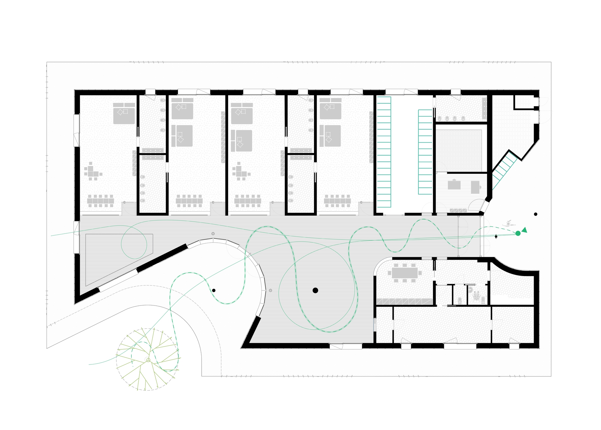 Floor plan drawing showing four classroom spaces along one edge and a central circulation zone with curved pathways