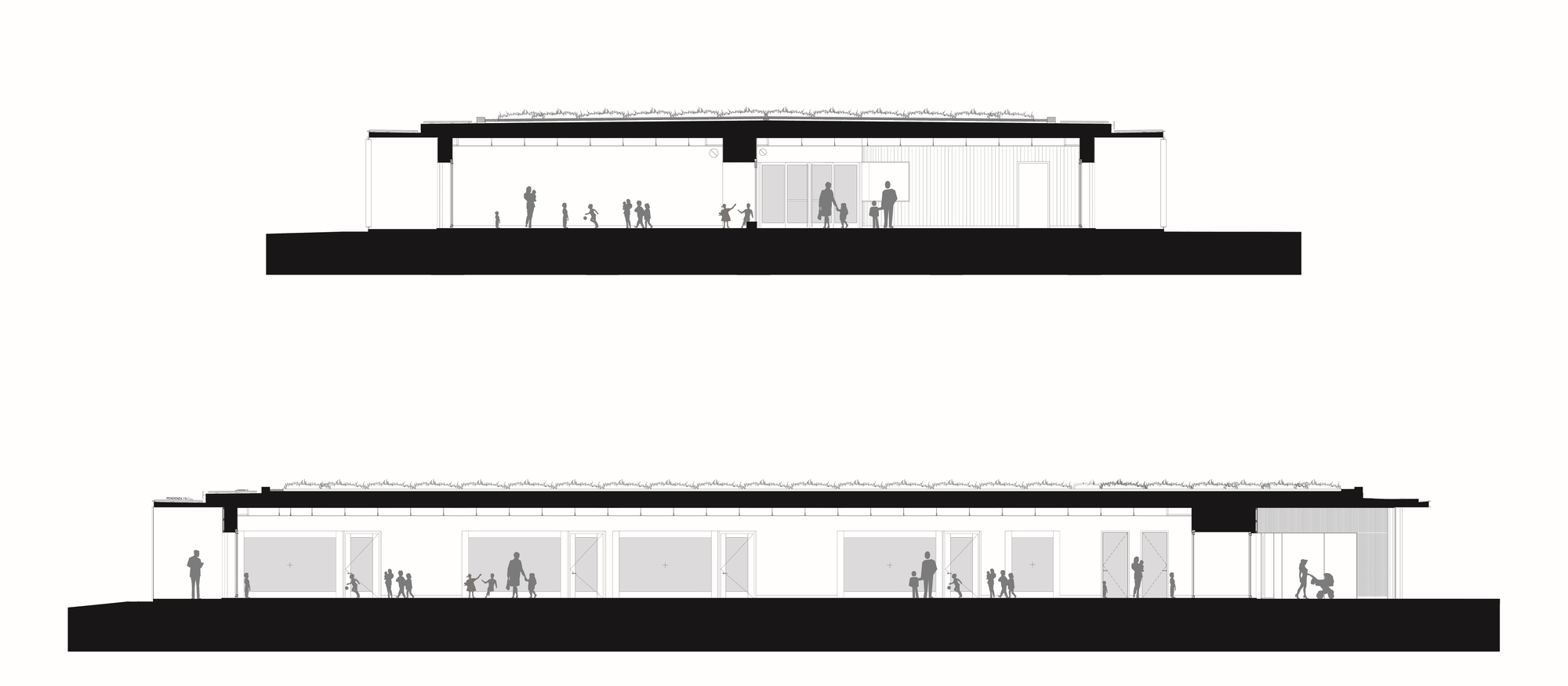 Elevation drawings showing the single-story profile with flat roof and interior figures at two different facades