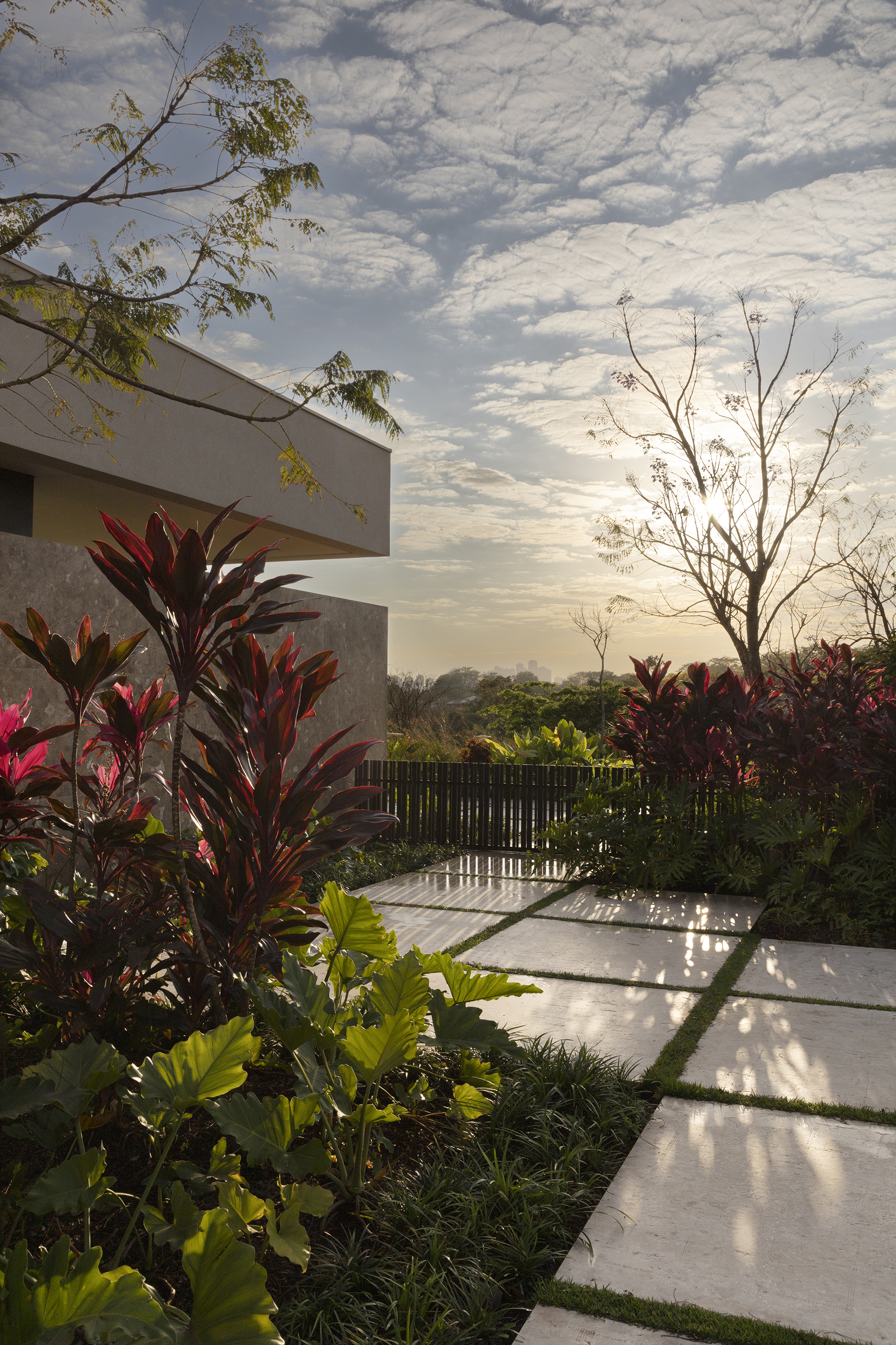 Planted terrace with red foliage and concrete pavers under a dramatic cloudy sunset sky