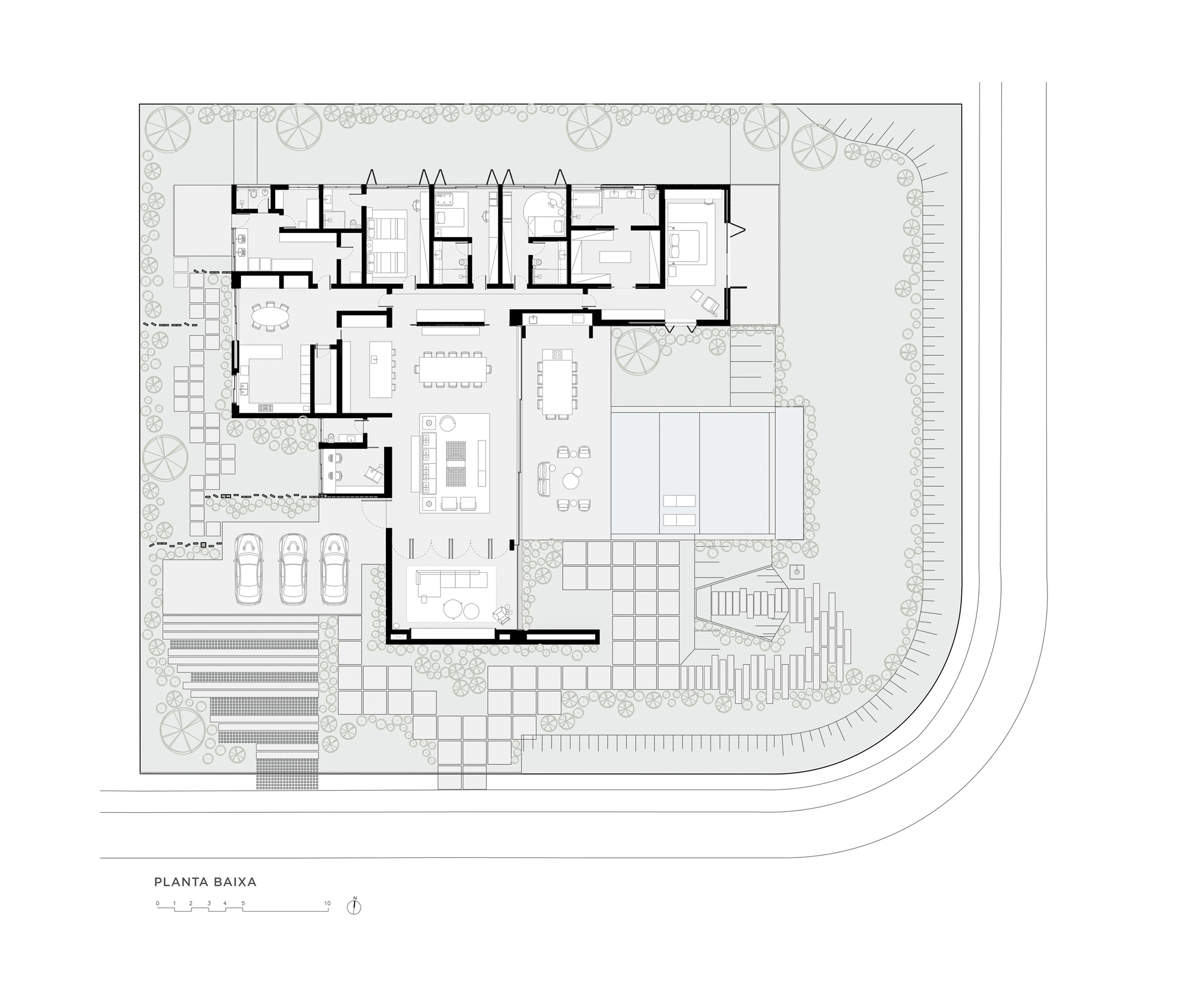 Ground floor plan drawing showing an L-shaped house with interior courtyard, pool, and surrounding landscaped areas