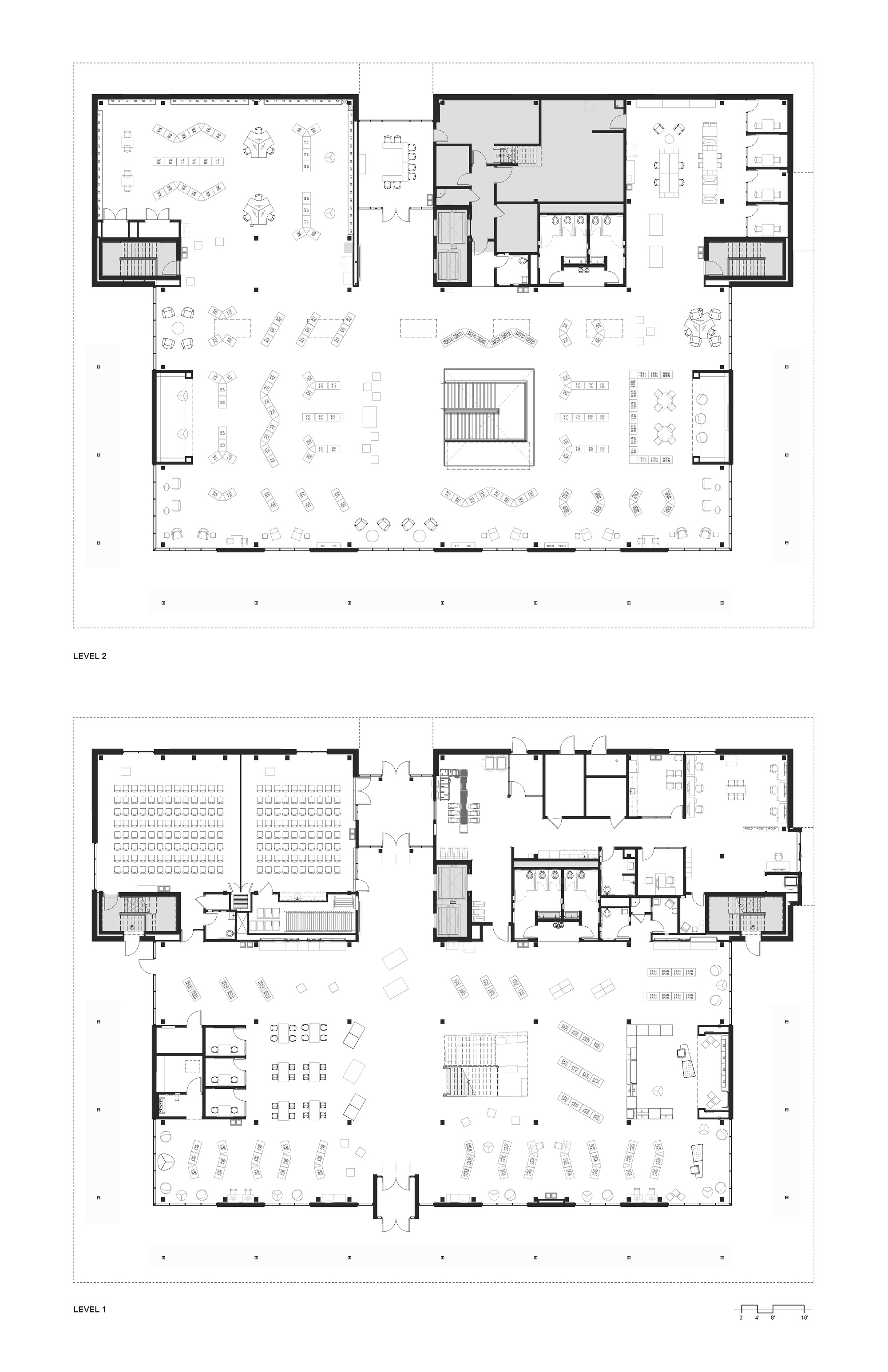 Floor plan drawings showing two levels with central core and perimeter reading areas