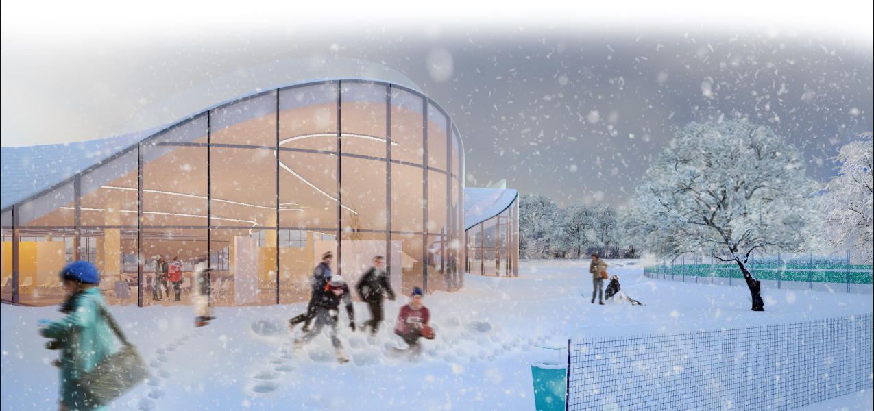 Transparent facades and snow-covered public spaces create a warm, community-focused school architecture adaptable to all seasons.