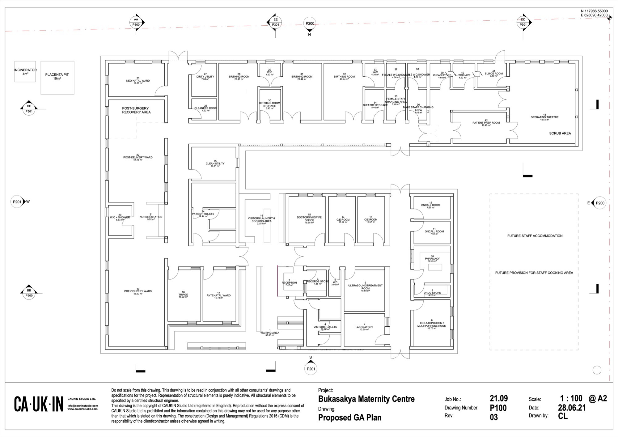 Floor plan drawing showing room layout with labeled spaces for patient care and support functions