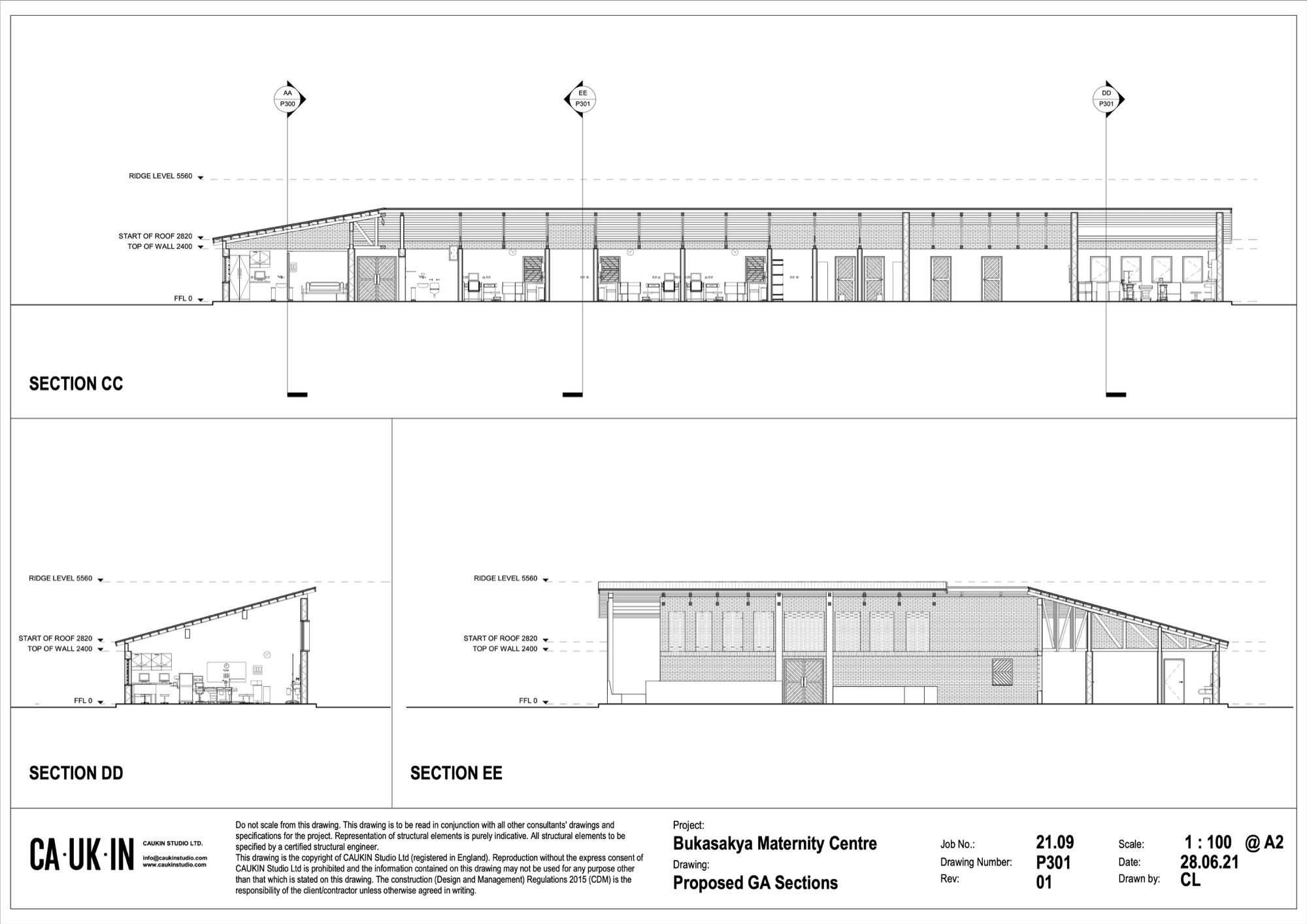 Section drawings illustrating varied roof slopes and internal room heights across multiple building cuts