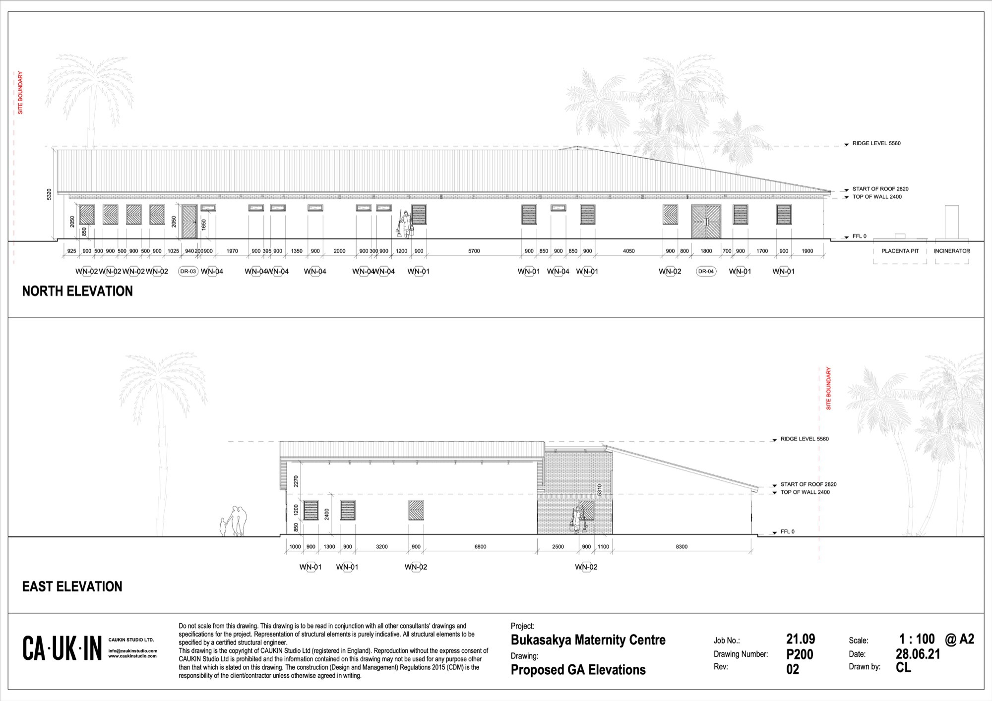 Elevation drawings showing the north and east facades with palm tree outlines and openings