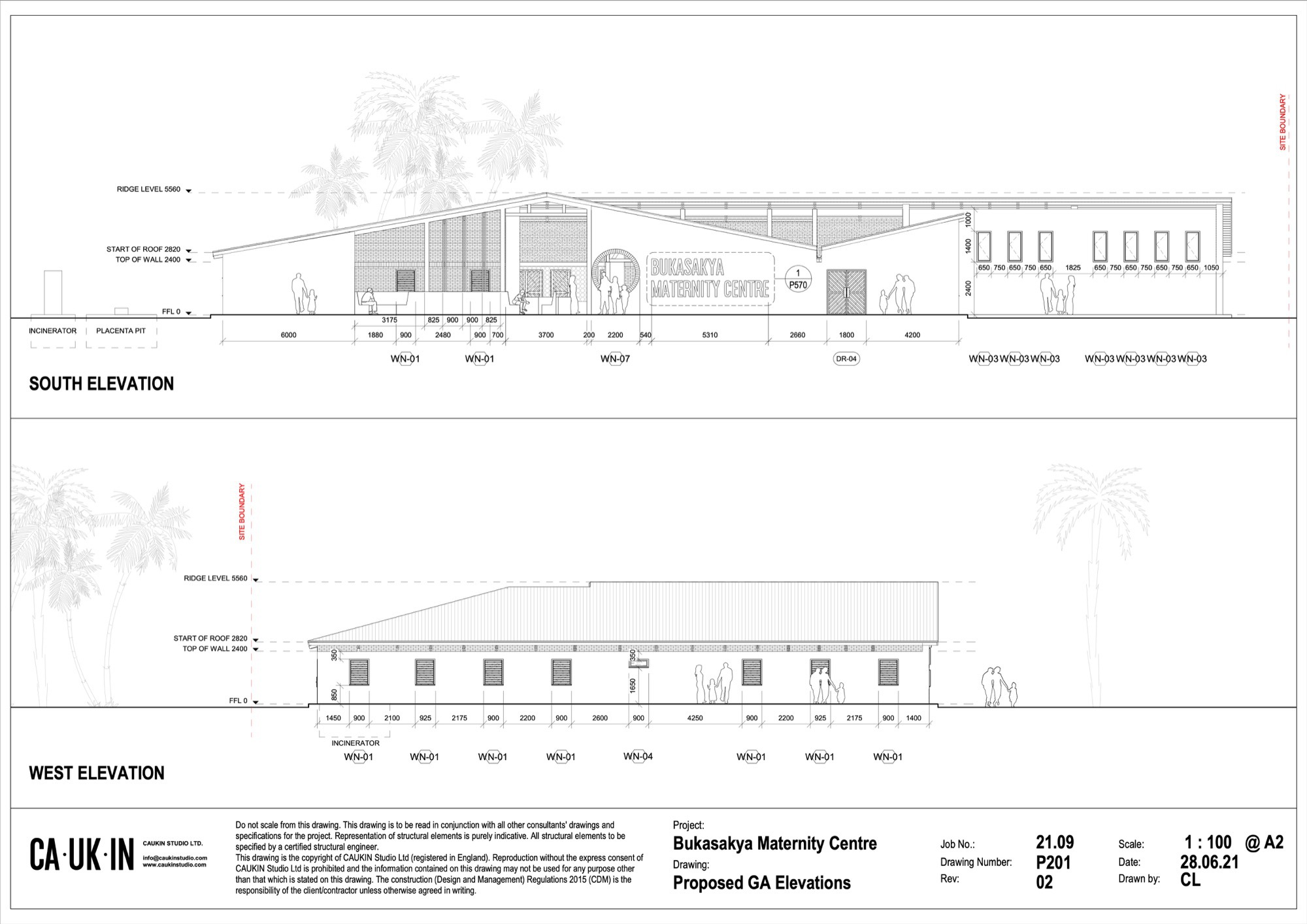 Elevation drawings showing the south and west facades with palm tree outlines and openings