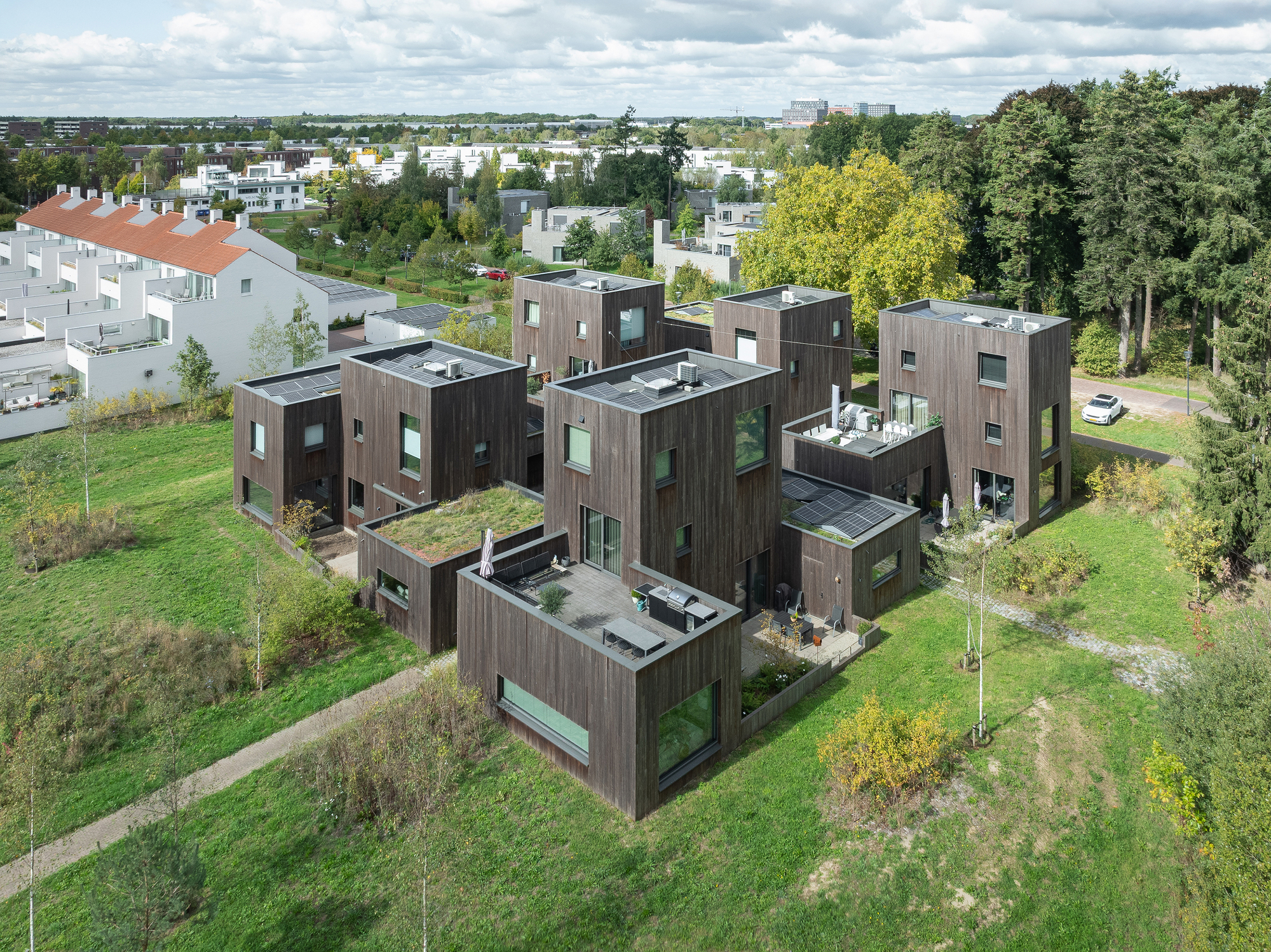 Aerial view of dark timber-clad volumes with roof terraces arranged across a green lawn with scattered young trees