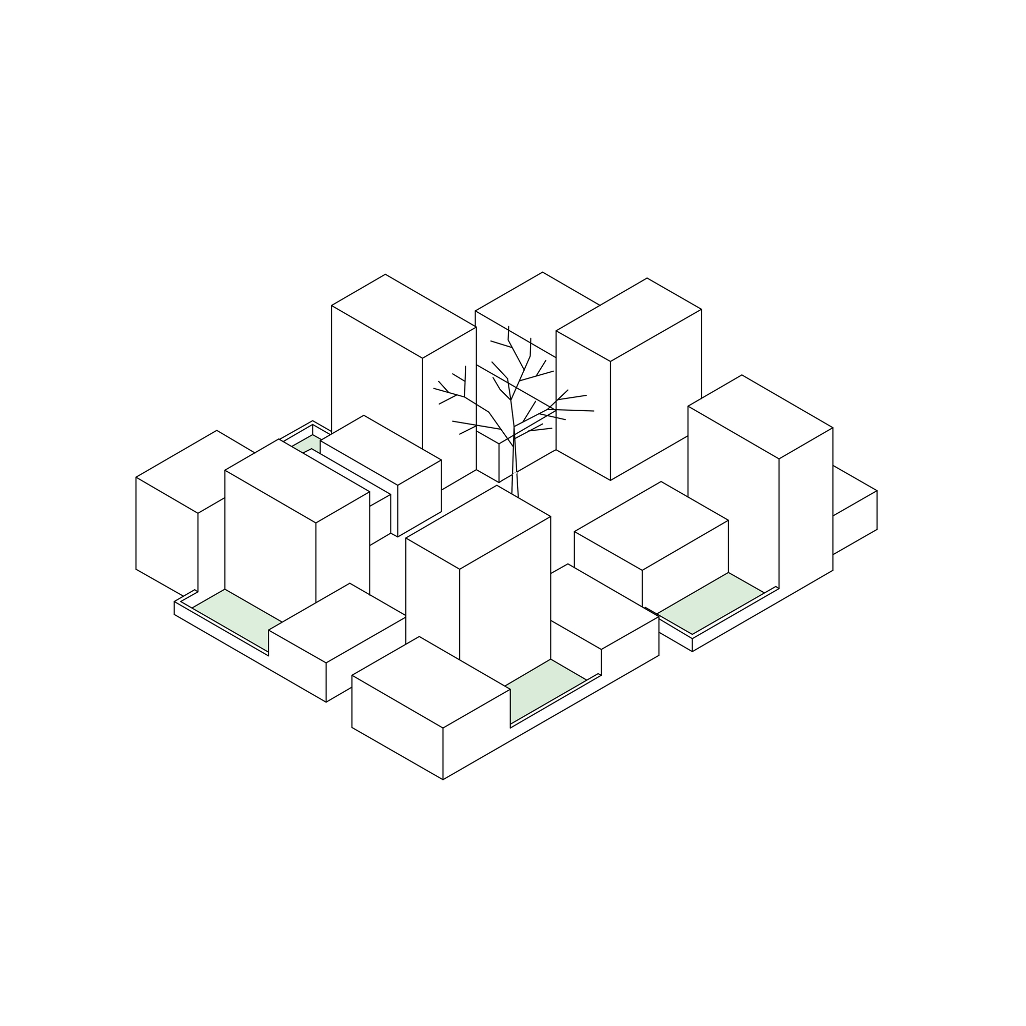 Isometric drawing showing clustered box-like volumes arranged around a central tree with green terraces