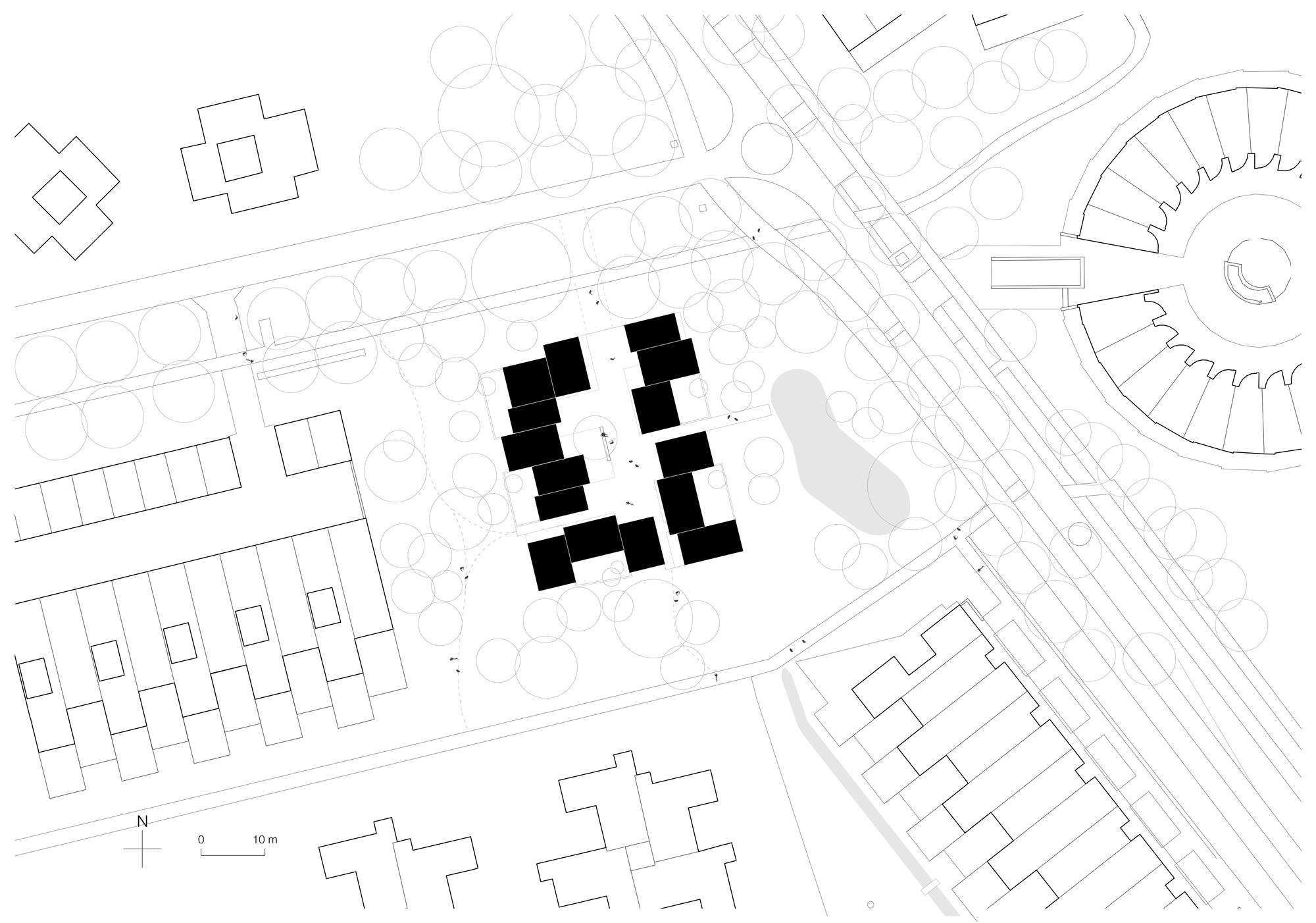 Site plan drawing showing the cluster of dwelling units in black within the surrounding neighborhood and landscape