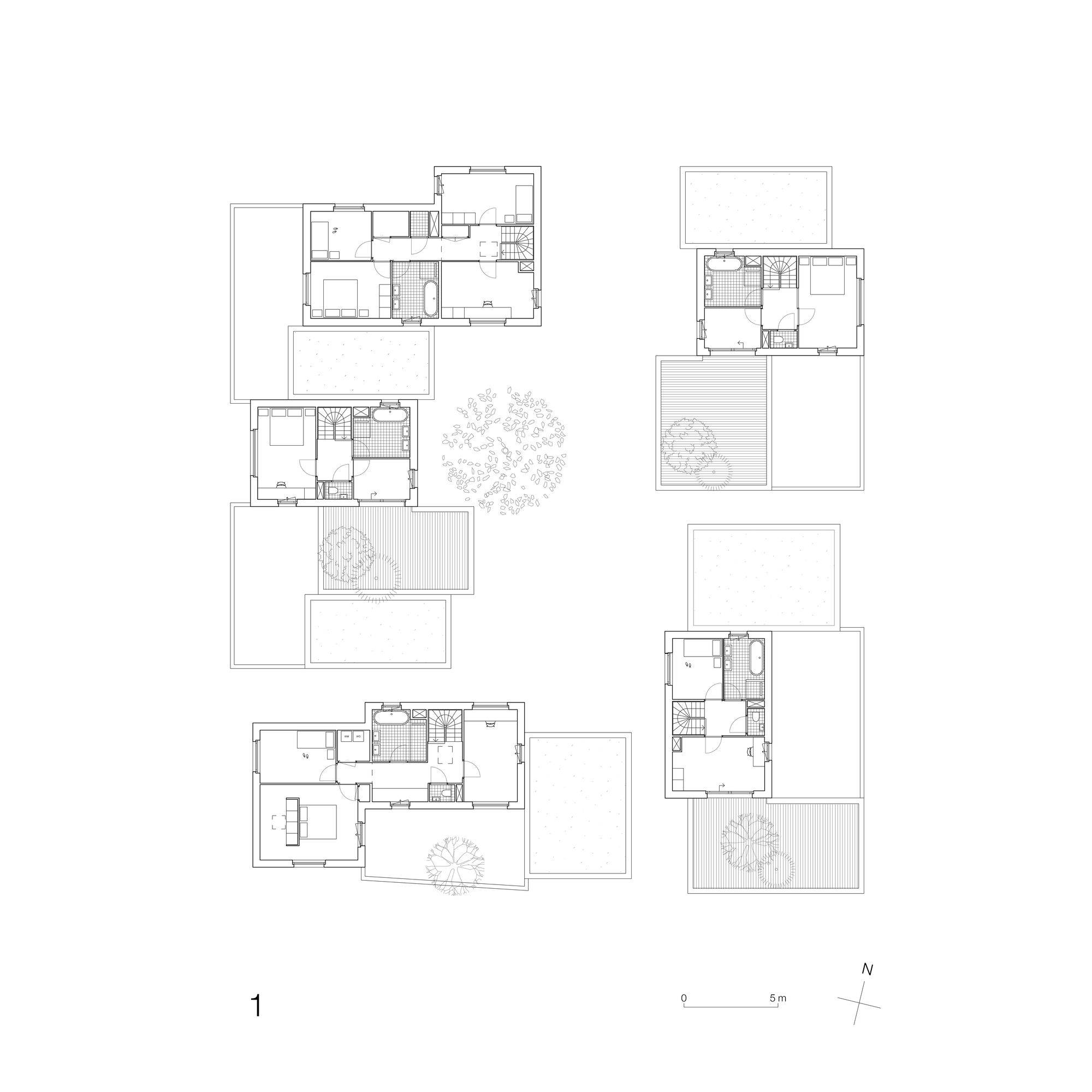 First floor plan drawing showing bedroom levels of five units with outdoor decks and central tree placement