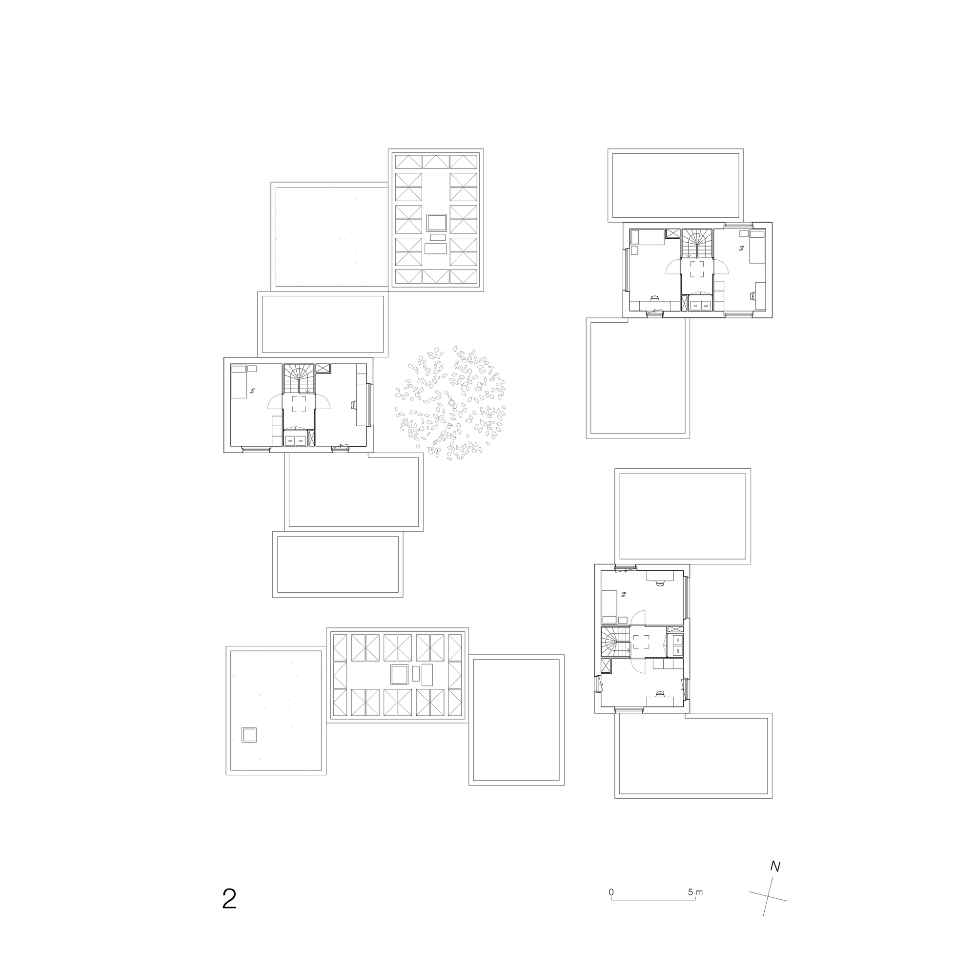 Second floor plan drawing showing upper levels and roof terraces with parking arrangements for the housing cluster
