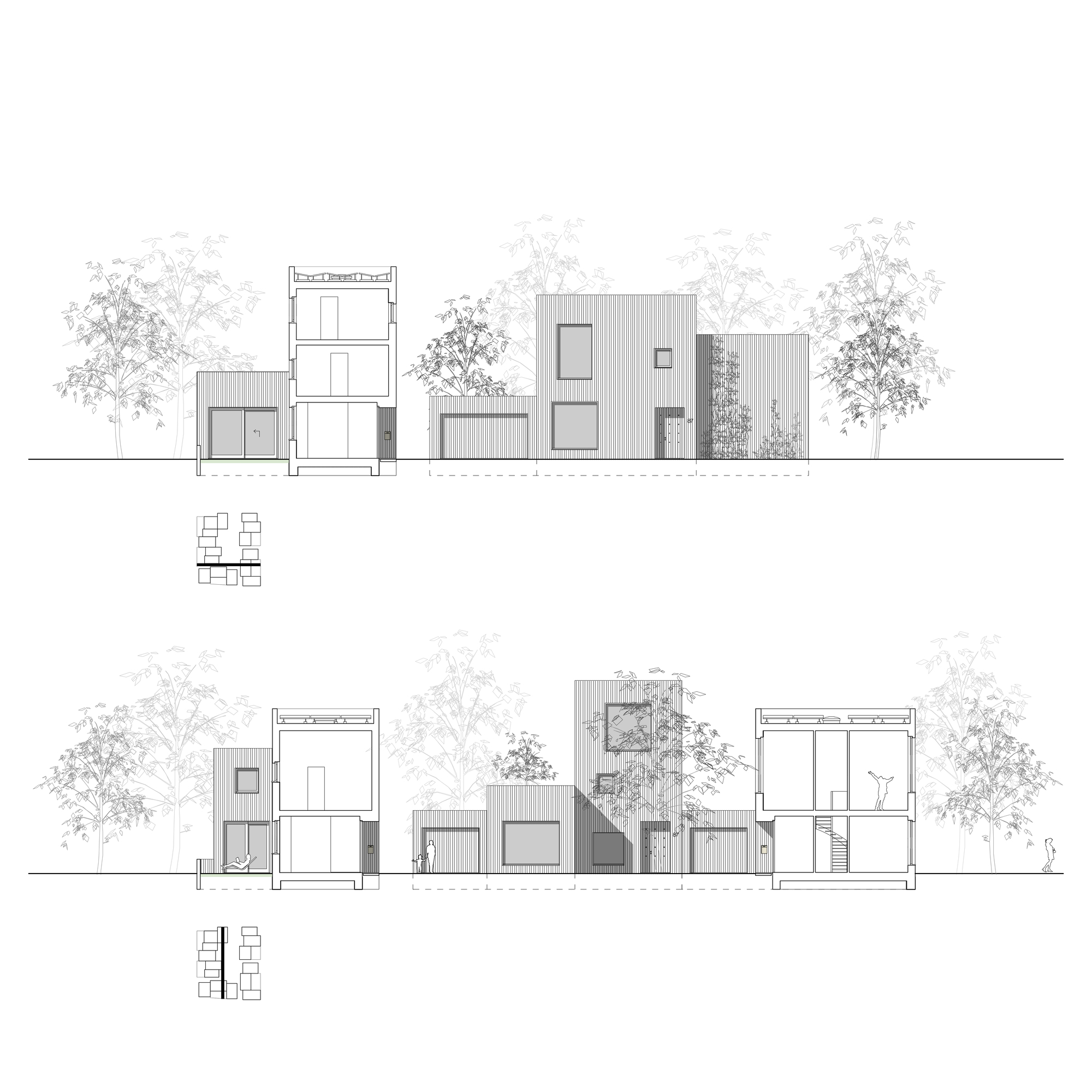 Elevation drawings showing stacked and offset rectangular volumes with vertical siding surrounded by trees