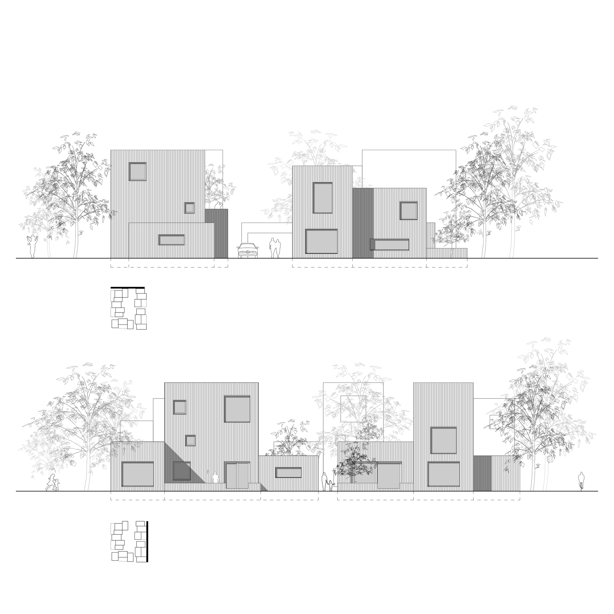 Elevation drawings showing varied-height volumes with vertical cladding and a courtyard tree between units