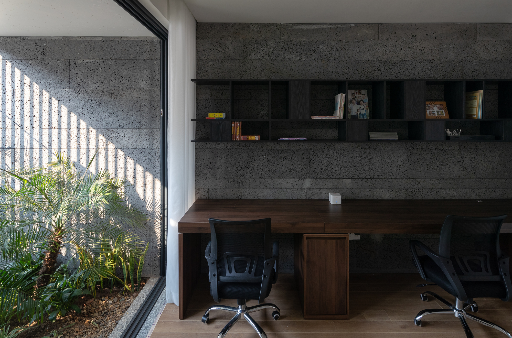 Workspace with walnut desk and concrete wall shelving overlooking a planted lightwell with filtered sun