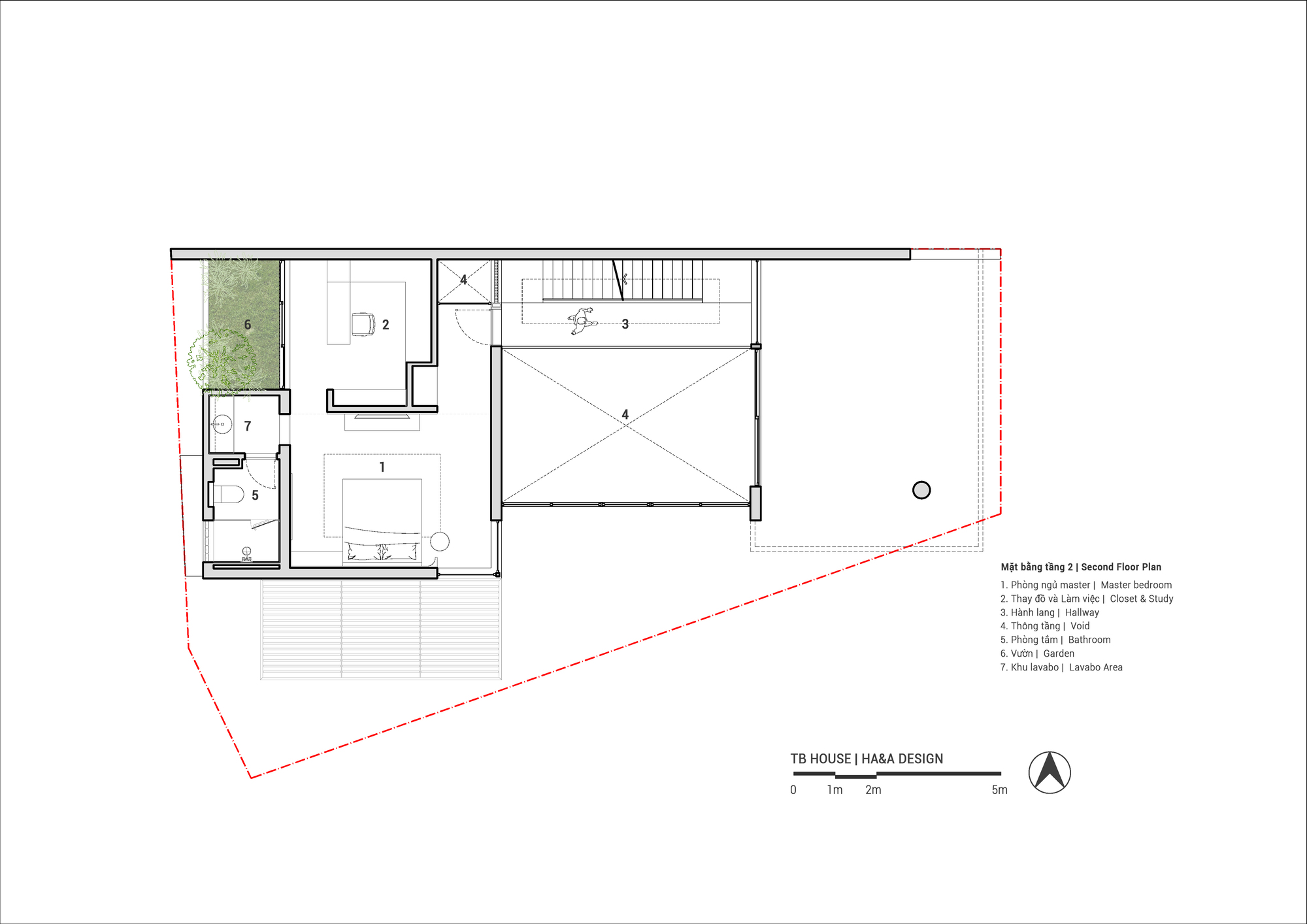 Second floor plan drawing showing bedroom suite and terrace with planted balcony