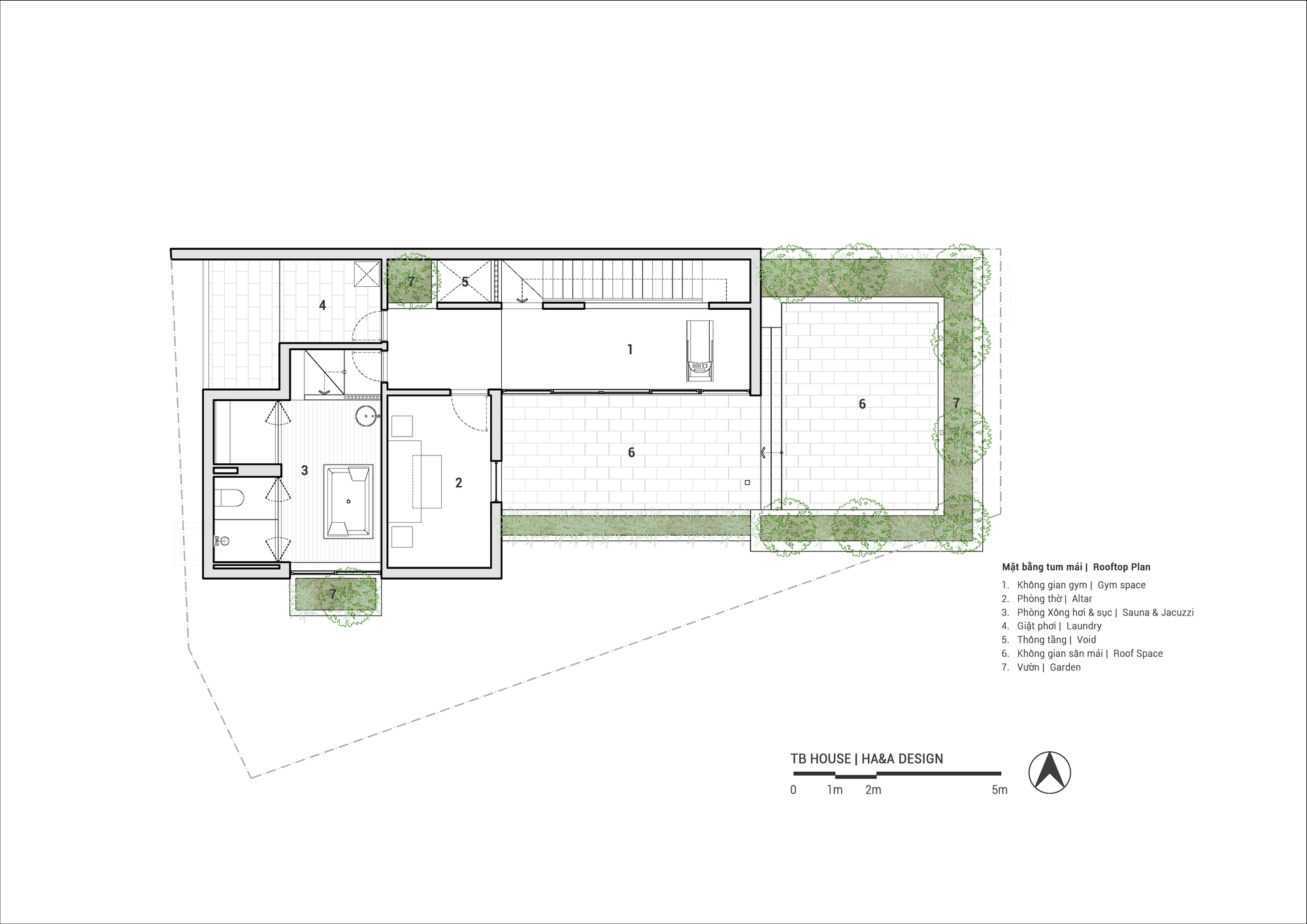 Rooftop plan drawing depicting open terraces with planted edges and a stair access