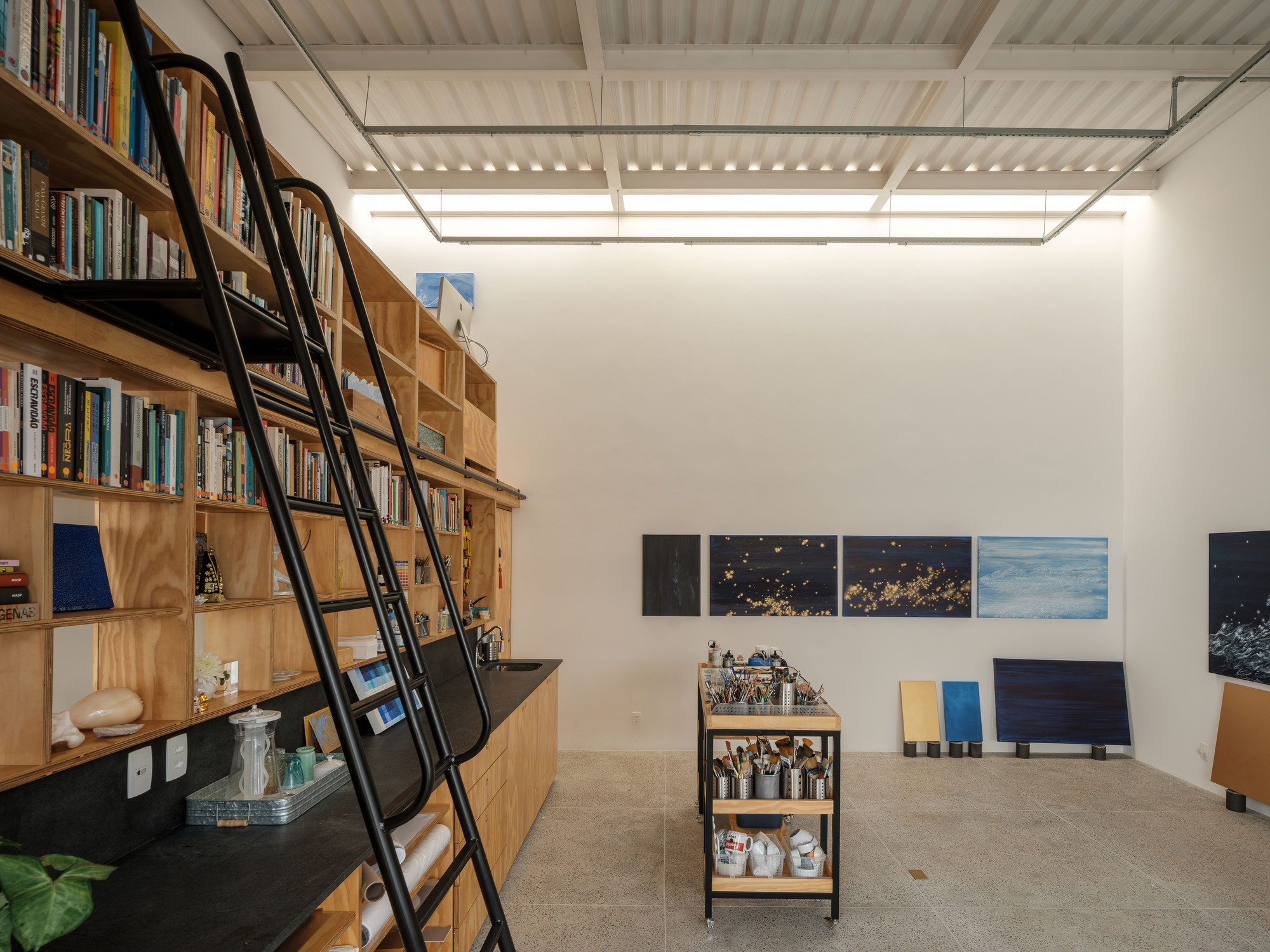 Studio space with rolling library ladder against plywood shelving and gridded skylight above