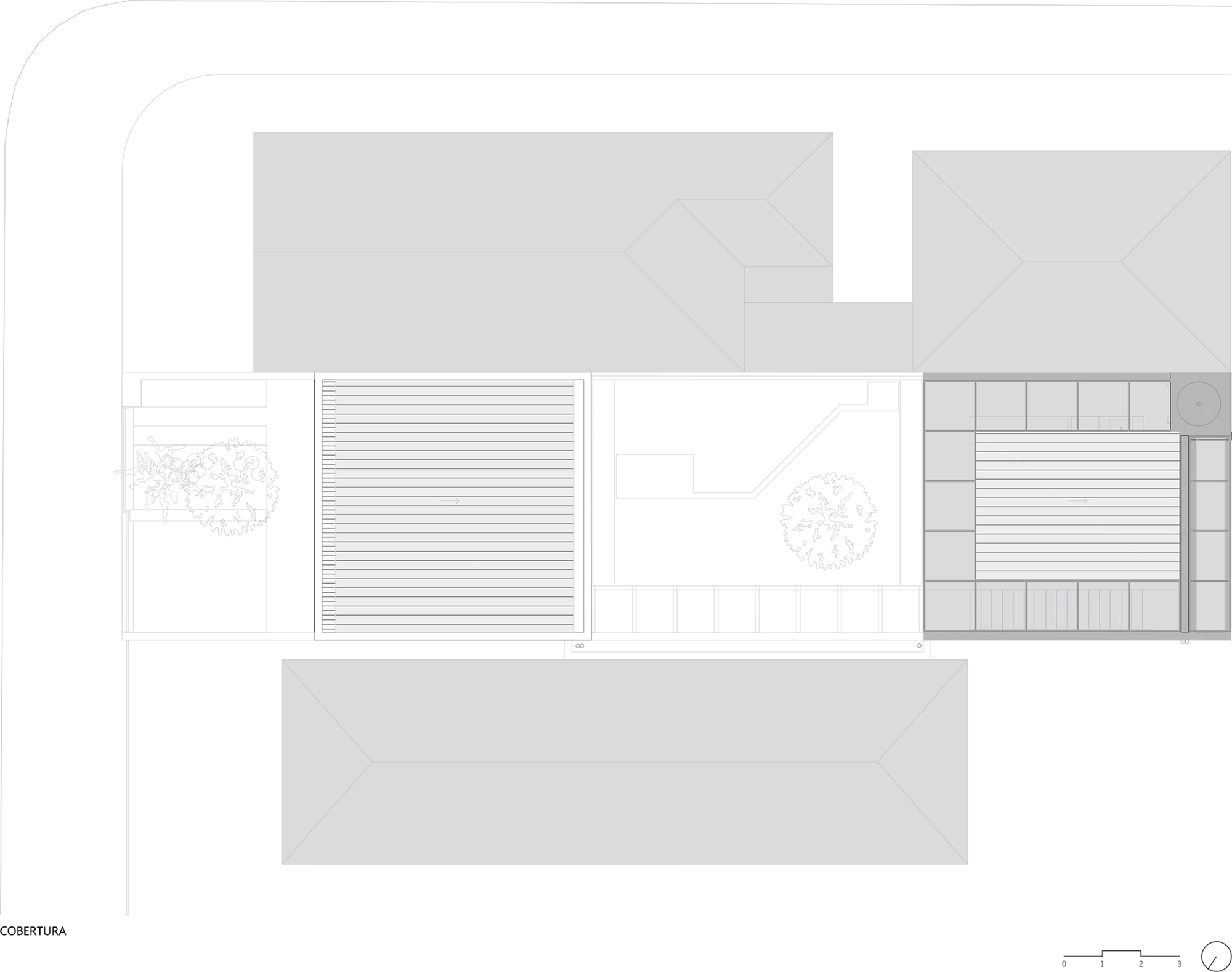 Roof plan drawing showing two courtyards with slatted infill and planted areas