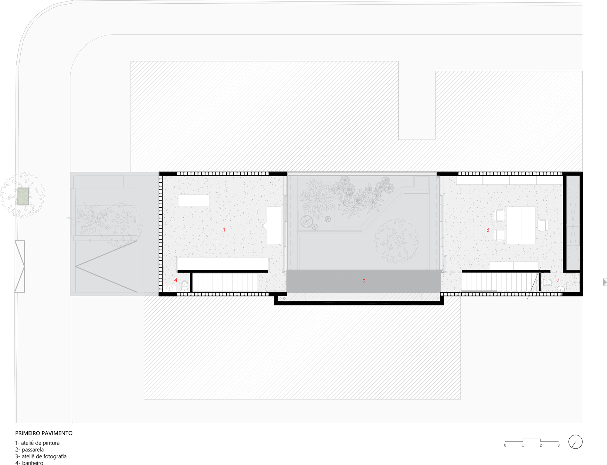 First floor plan showing interior rooms flanking a central courtyard with trees