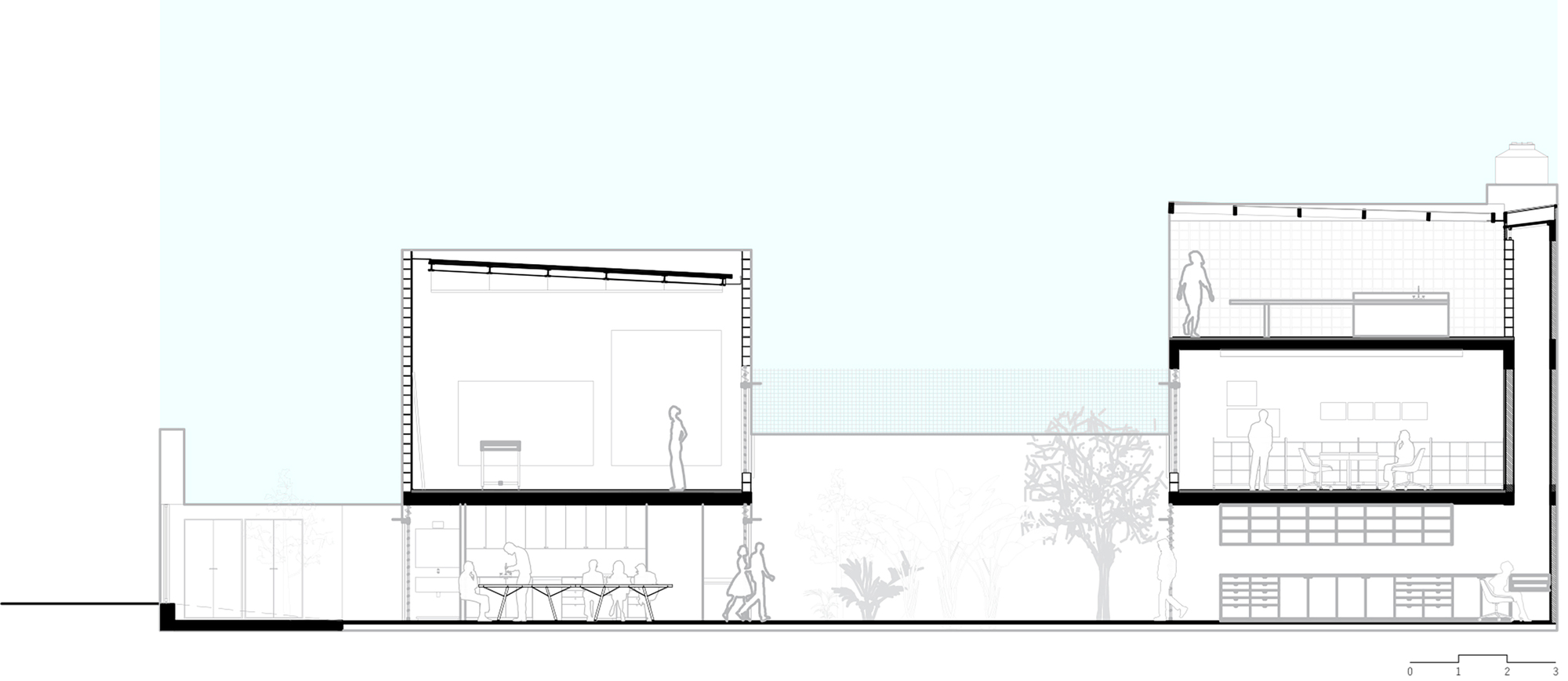 Longitudinal section drawing showing split-level volumes with courtyard, trees, and human figures
